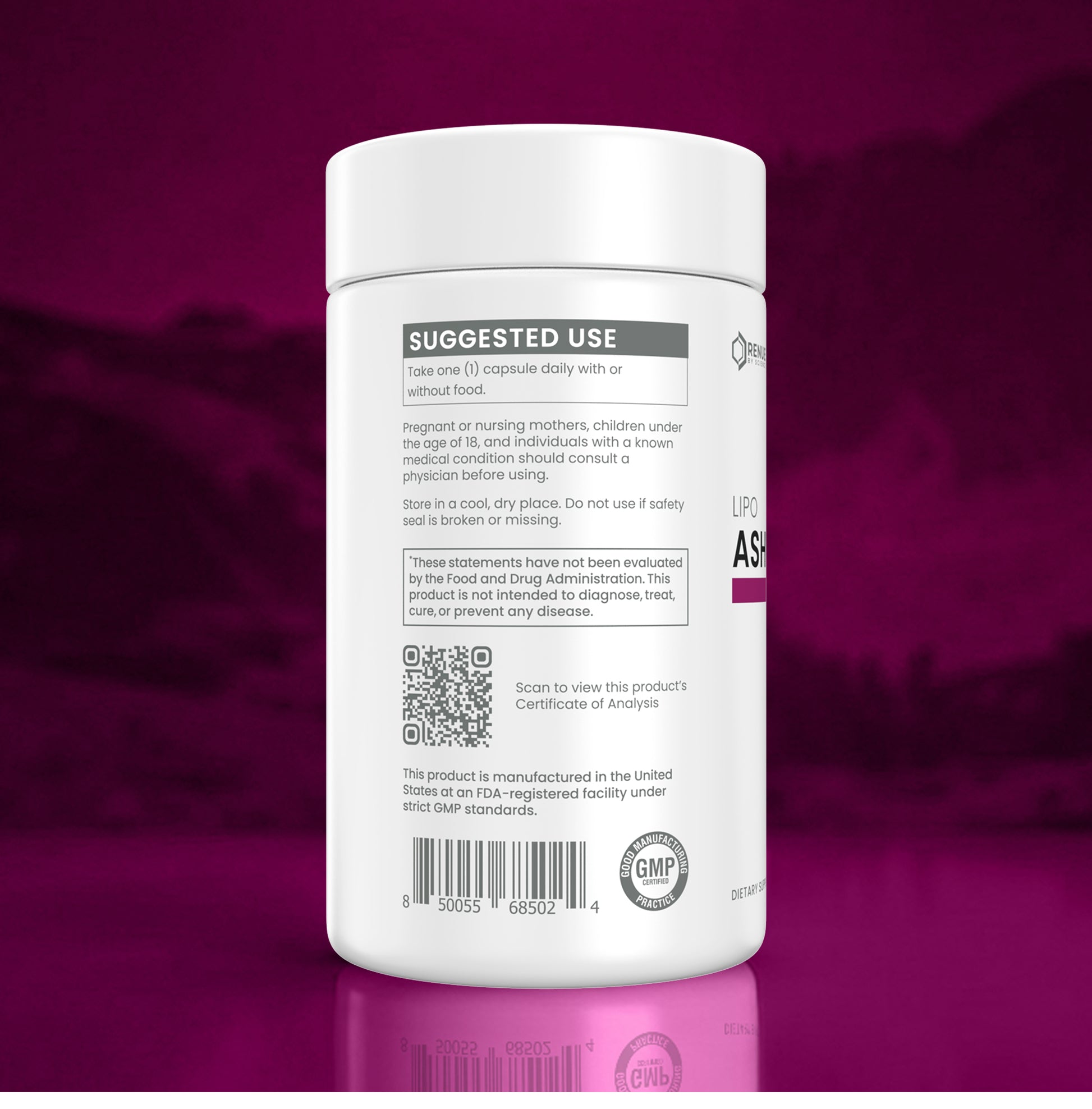 A white plastic supplement bottle shown from the back, featuring a white cap and a white label with black text, a QR code, and a small purple vertical band on the right side, set against a dark magenta gradient background.