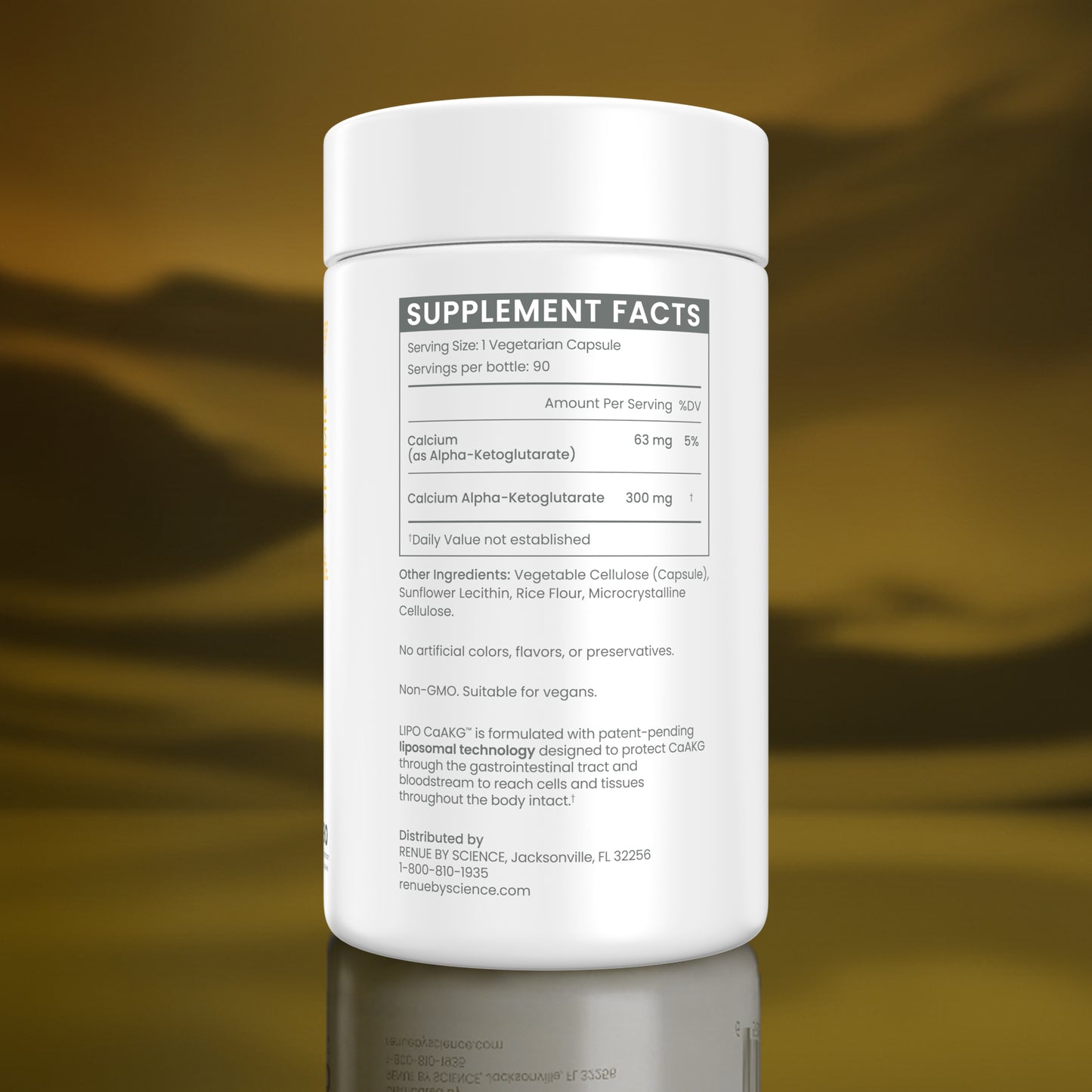 A white plastic bottle of a dietary supplement with a white cap, showing the 'Supplement Facts' label. The bottle is centered against a warm, golden-brown gradient background with a soft reflection on a dark surface below.
