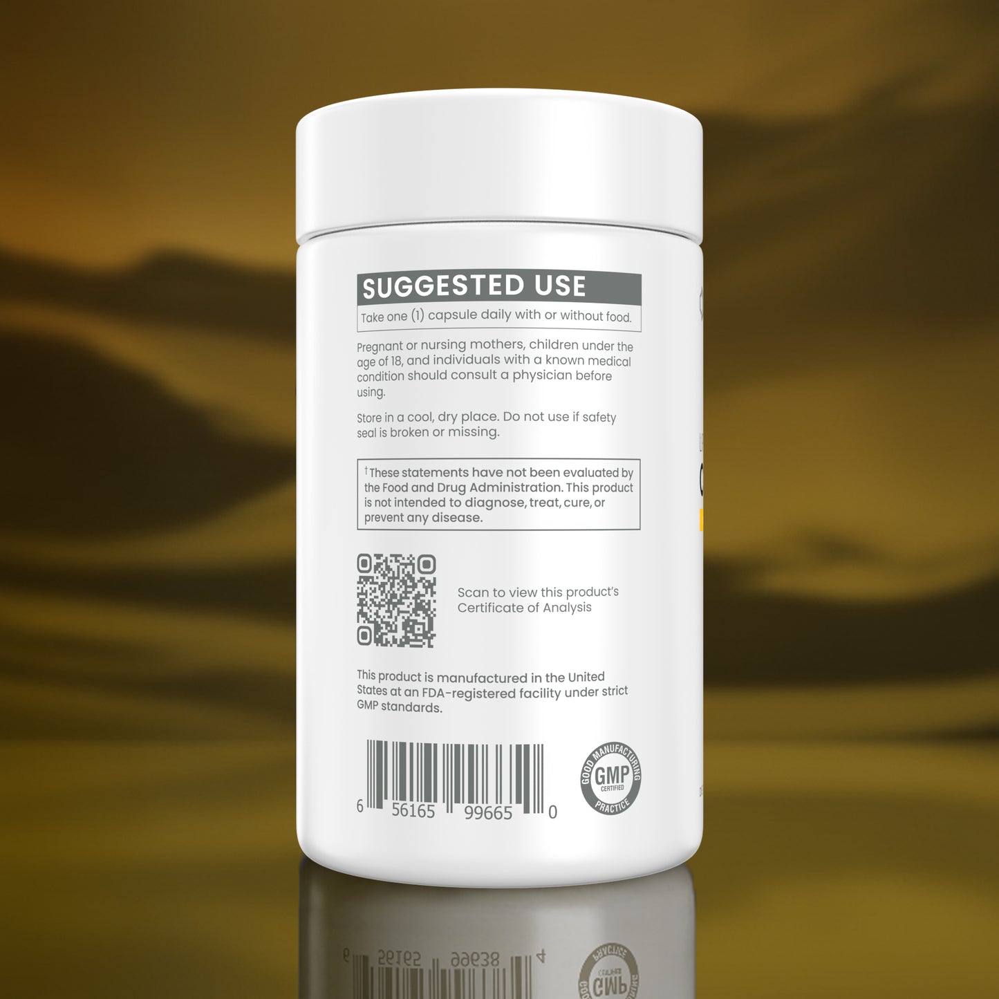 A white plastic supplement bottle shown from the back, featuring black and gray text with a QR code and a GMP seal, set against a reflective gold background.