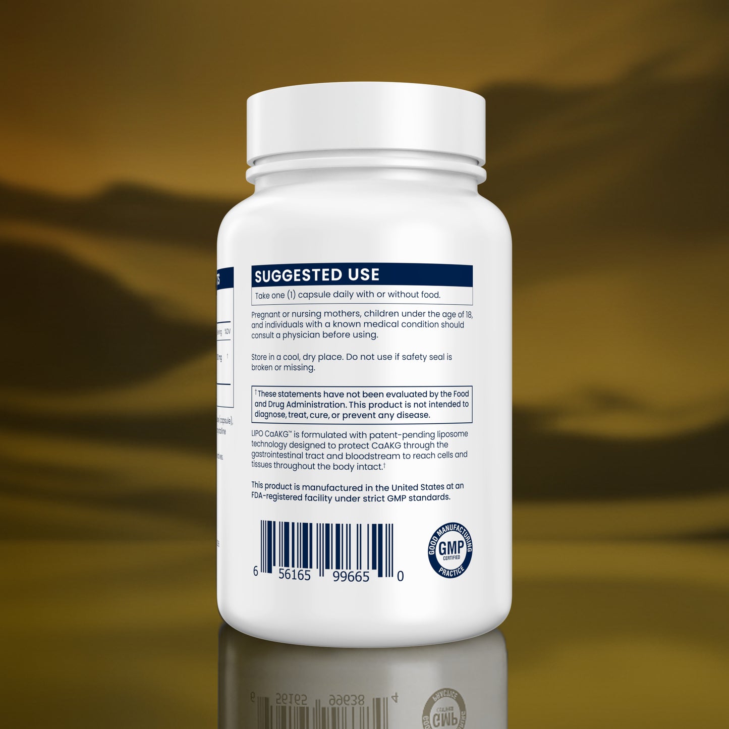 Supplement bottle label with suggested use on a blurred desert background