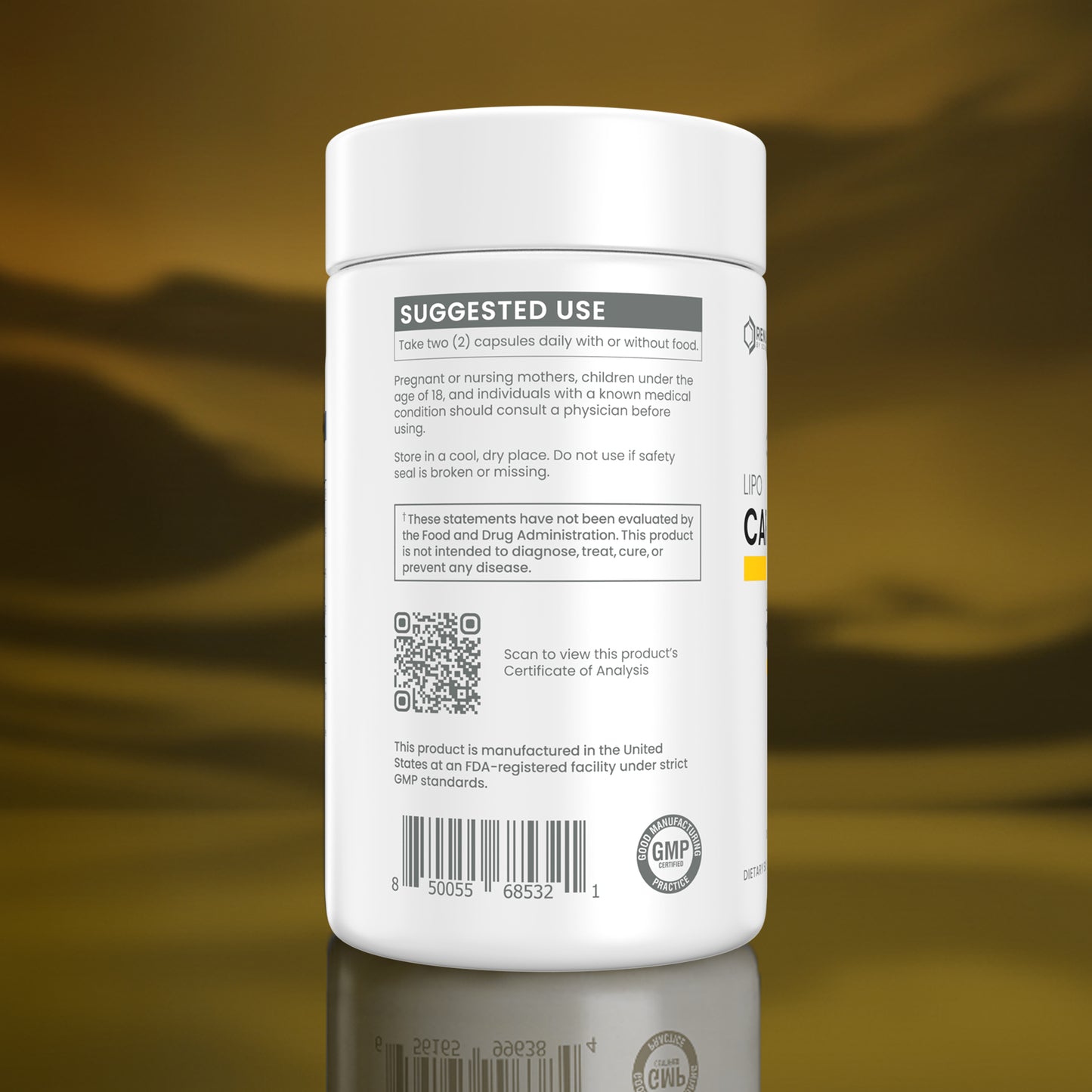 A white plastic supplement bottle shown from the back, featuring a white label with black text, a QR code, and a GMP seal, set against a reflective gold gradient background.