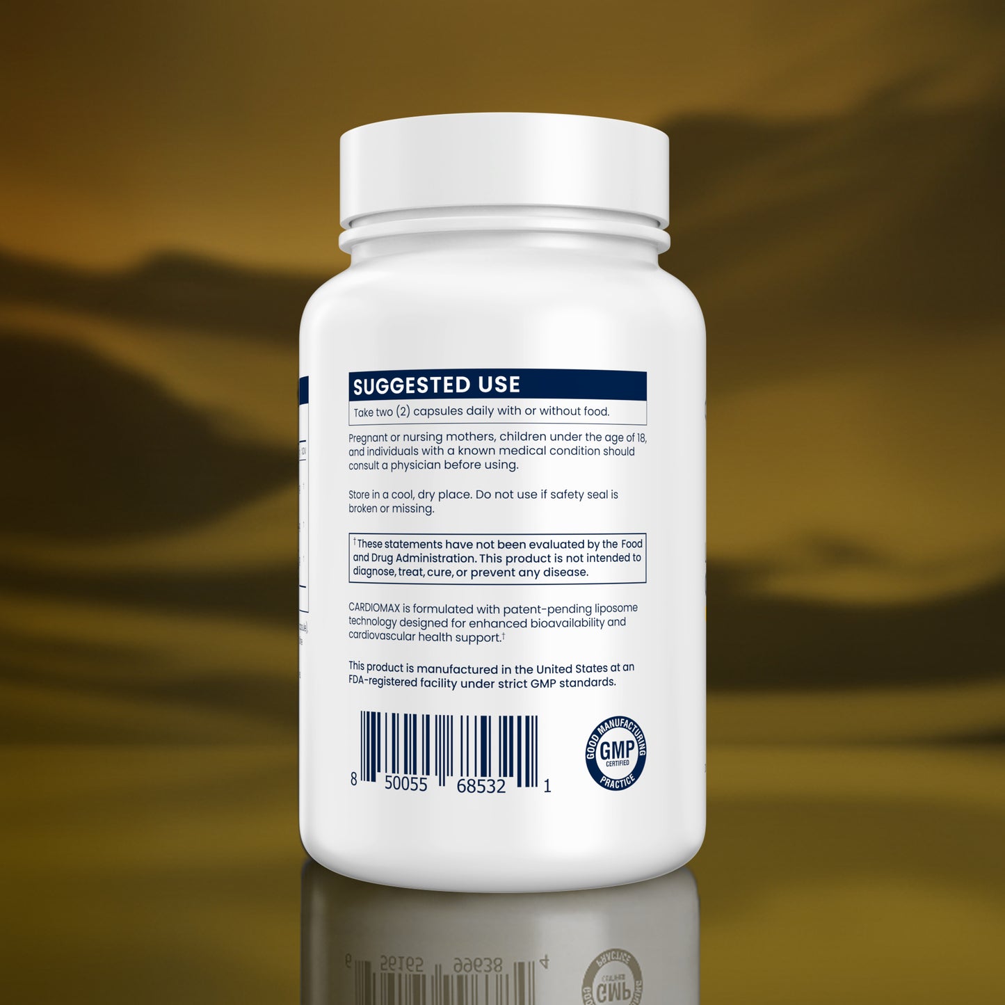 White supplement bottle with label on a blurred desert background
