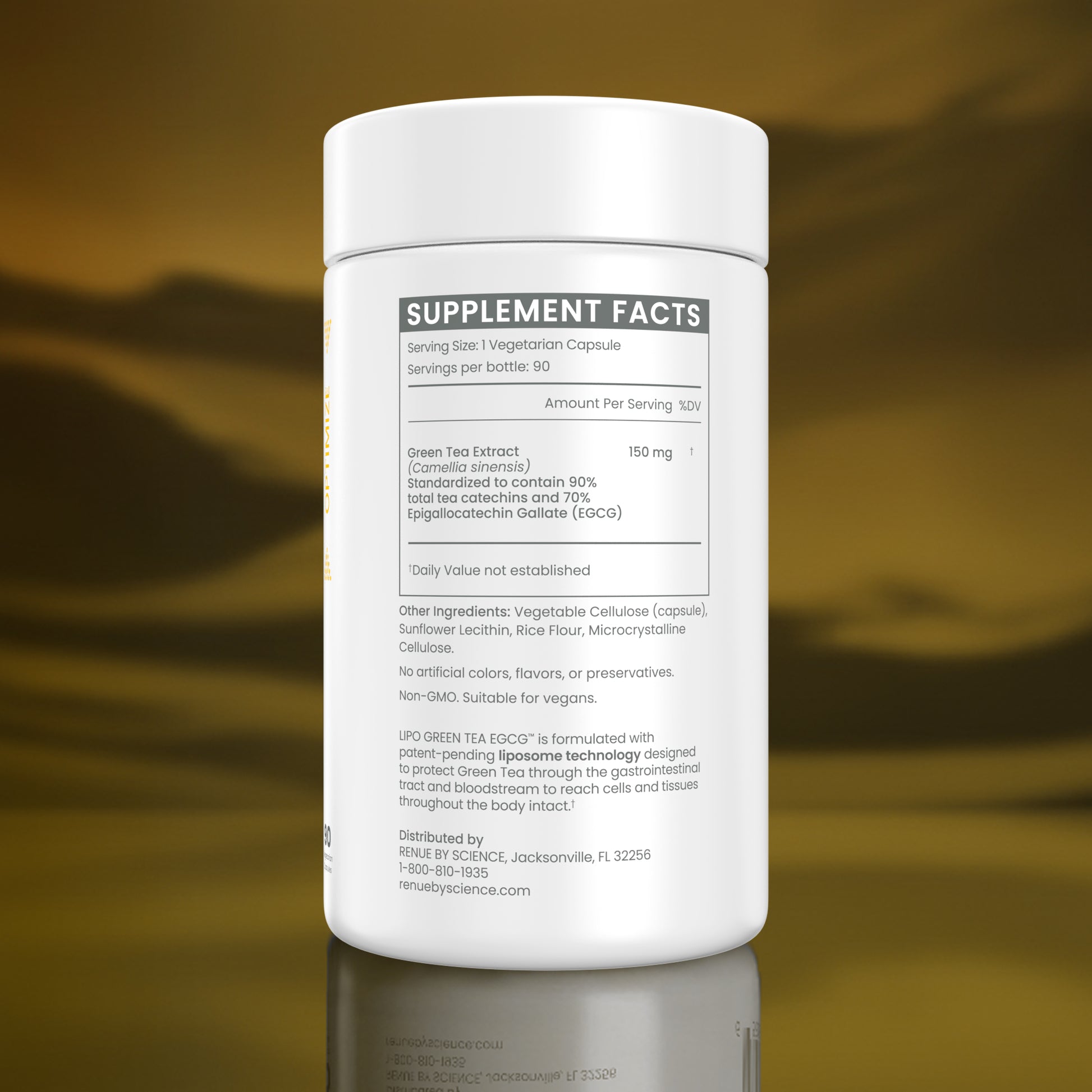 A white plastic bottle of Uro Green Tea Extract dietary supplement capsules, showing the Supplement Facts label, set against a warm, reflective gold background.