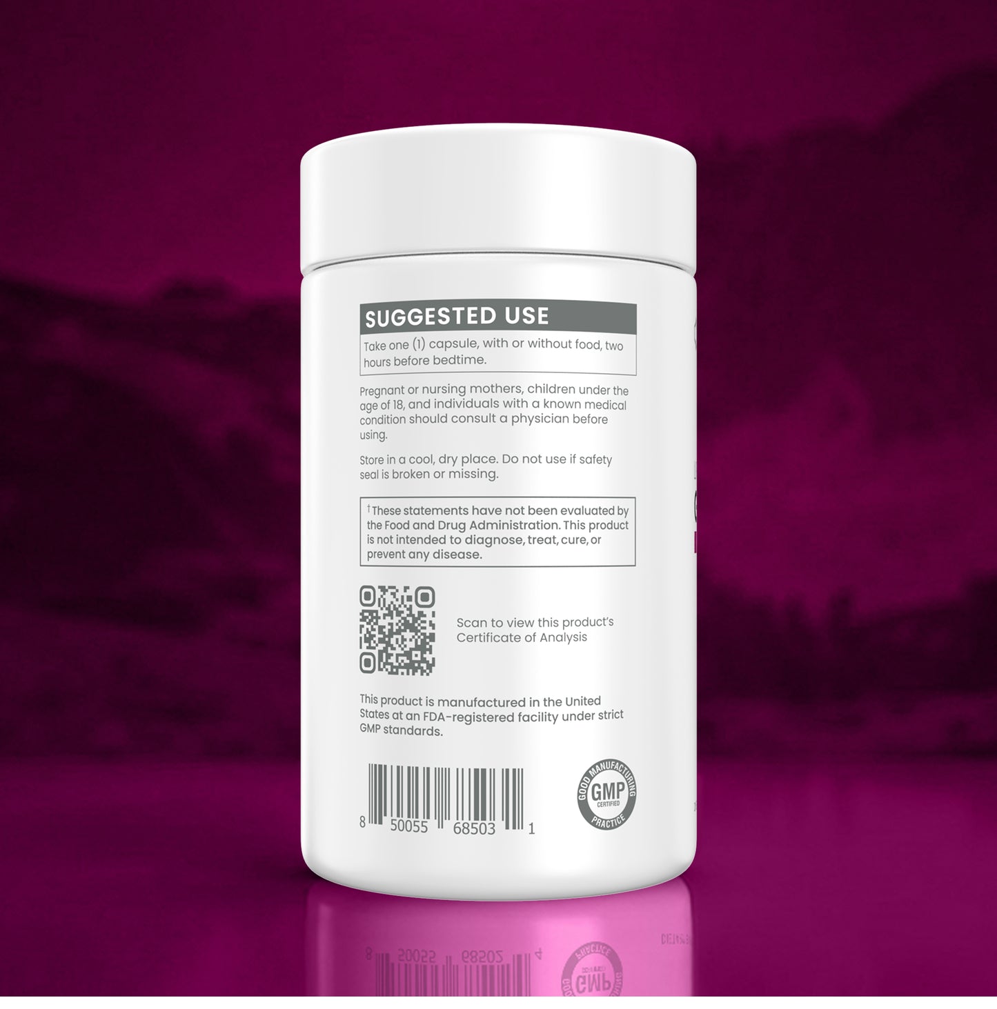 A white plastic bottle of dietary supplement capsules shown from the back, featuring a white label with black text, a QR code, and a barcode, set against a dark magenta gradient background.