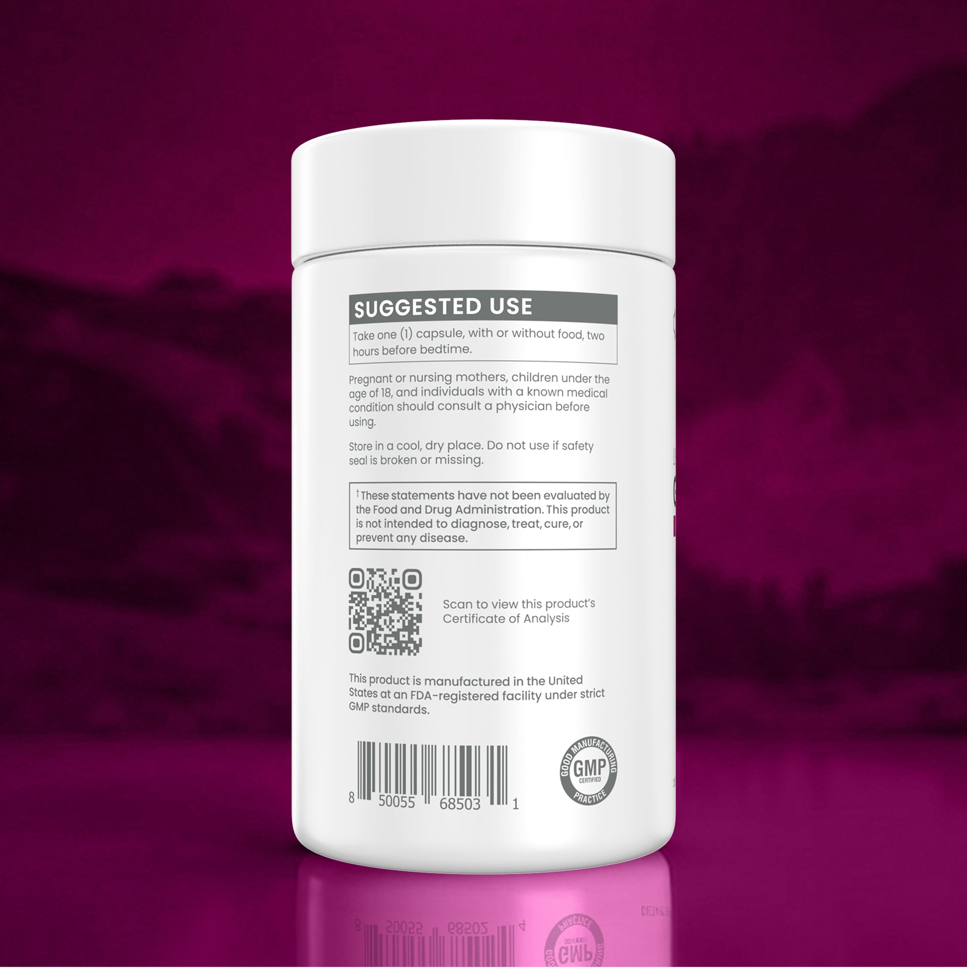 A white plastic bottle of dietary supplement capsules shown from the back, featuring a white label with black text, a QR code, and a barcode, set against a dark magenta gradient background.