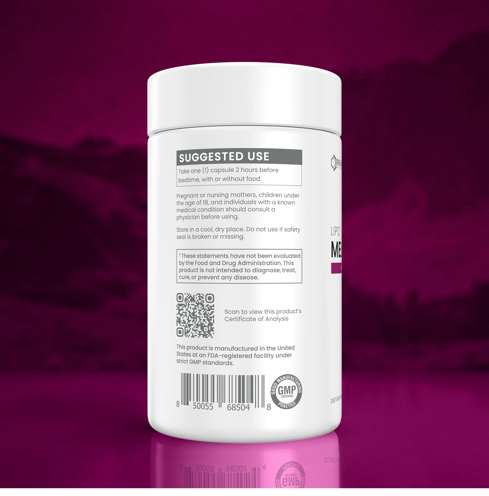 A white plastic supplement bottle shown from the back, featuring a white label with black text, a QR code, and a GMP seal, set against a dark magenta gradient background.