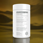A white plastic bottle of HHRV Science Trans-Revevelator dietary supplement, showing the back of the label with supplement facts, a GMP seal, and a logo, set against a reflective golden-brown background.