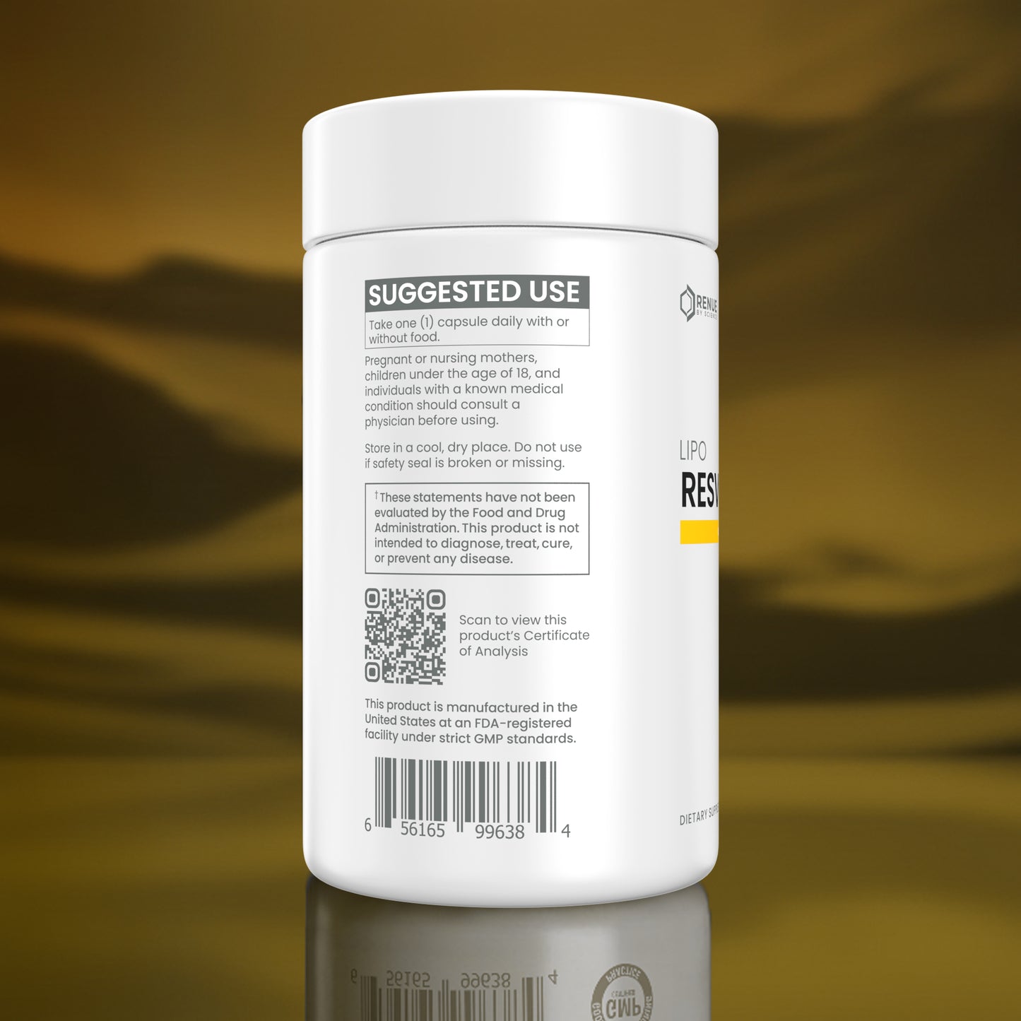 A white plastic bottle of LipRes capsules shown from the back, featuring black text, a QR code, and a yellow accent label on a reflective gold background.