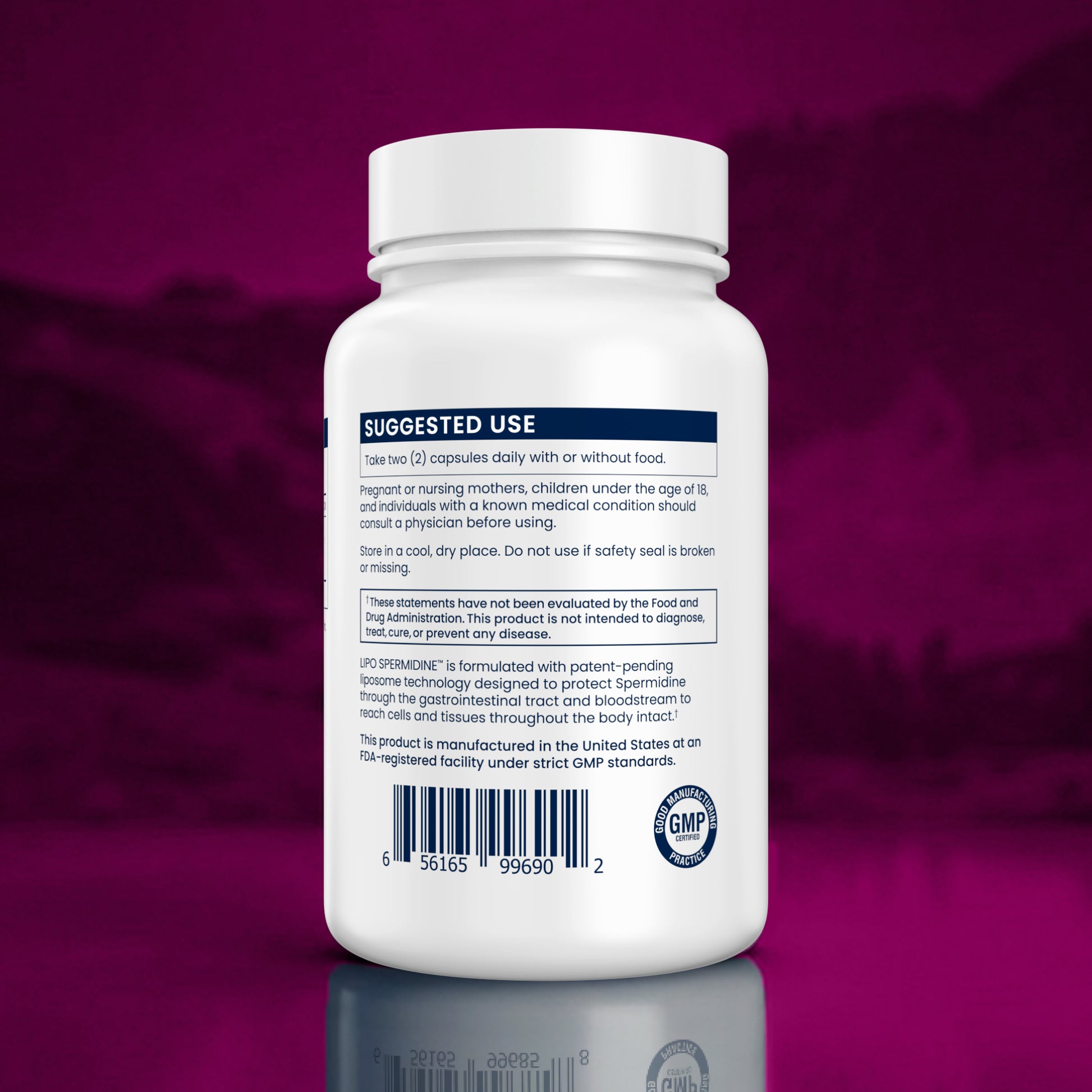 White supplement bottle with label on a purple background