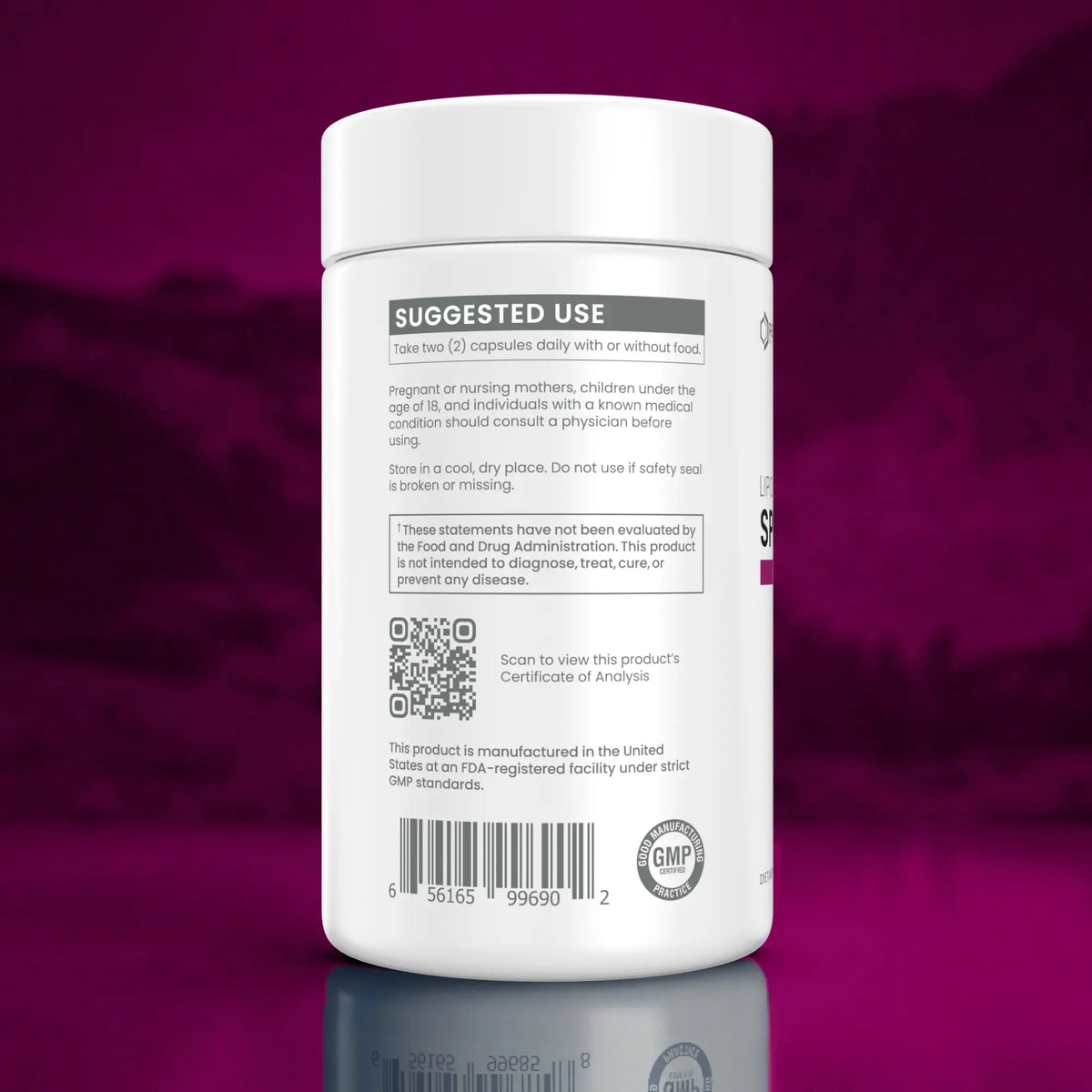 A white plastic supplement bottle shown from the back, featuring a white label with black text, a QR code, and a GMP seal, set against a dark magenta gradient background with a reflection below.