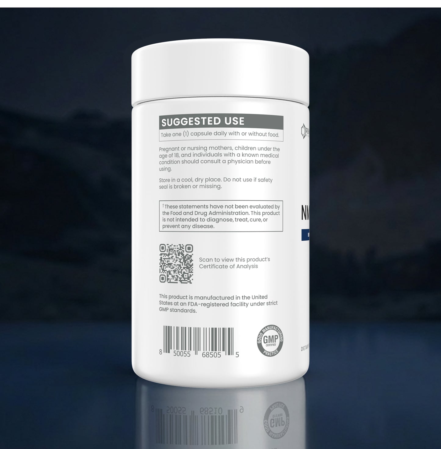 A white plastic supplement bottle shown from the back, featuring a white label with black text, a QR code, and a barcode, set against a dark blue reflective background.