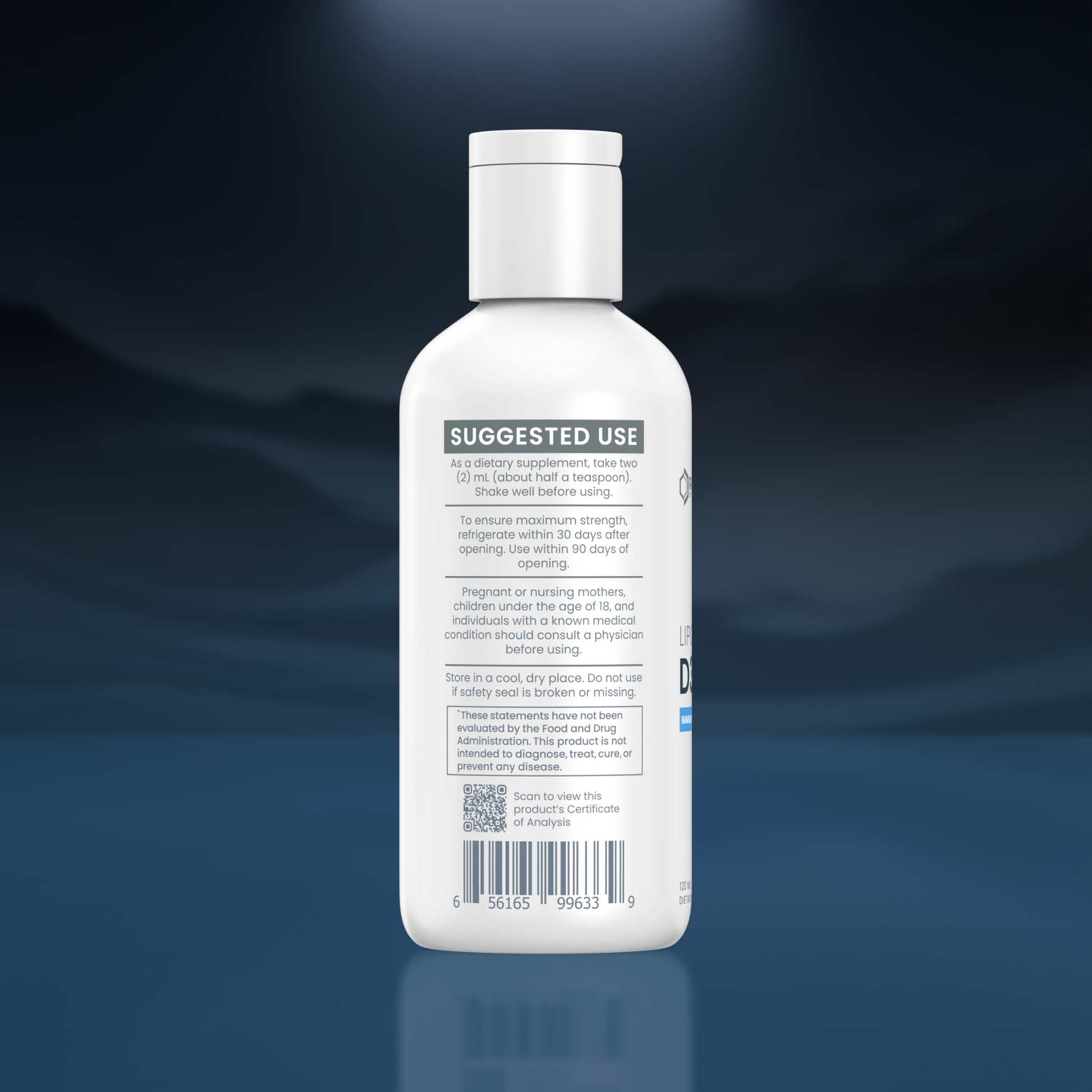 A white plastic bottle of skincare product shown from the back, featuring a white cap and a label with 'SUGGESTED USE' and product details, set against a dark blue gradient background.