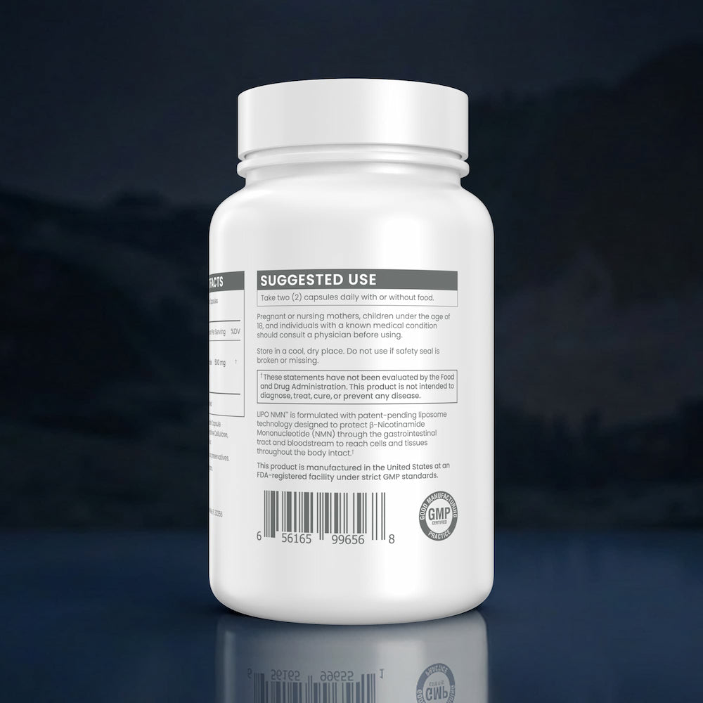 White supplement bottle with label on a dark blue background