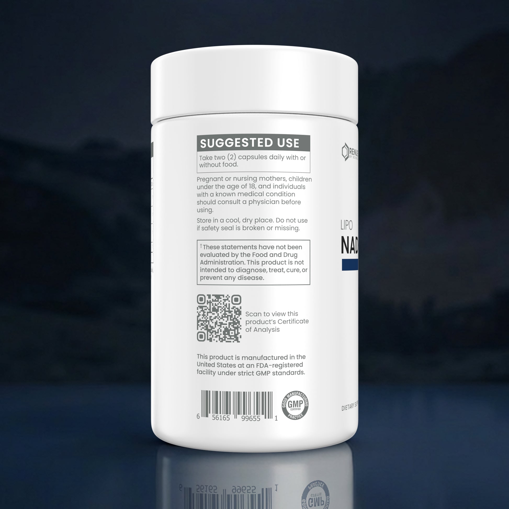 A white plastic supplement bottle shown from the back, featuring a detailed black and gray 'Suggested Use' label with text, a QR code, and a barcode, set against a dark blue reflective background.