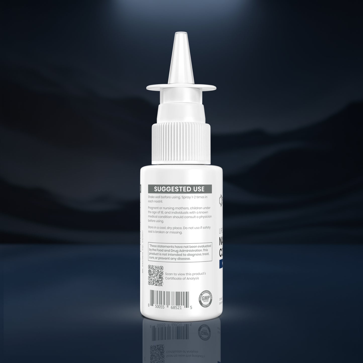 A white plastic spray bottle with a pointed applicator nozzle, shown from the back against a dark blue and black gradient background with a subtle reflection.