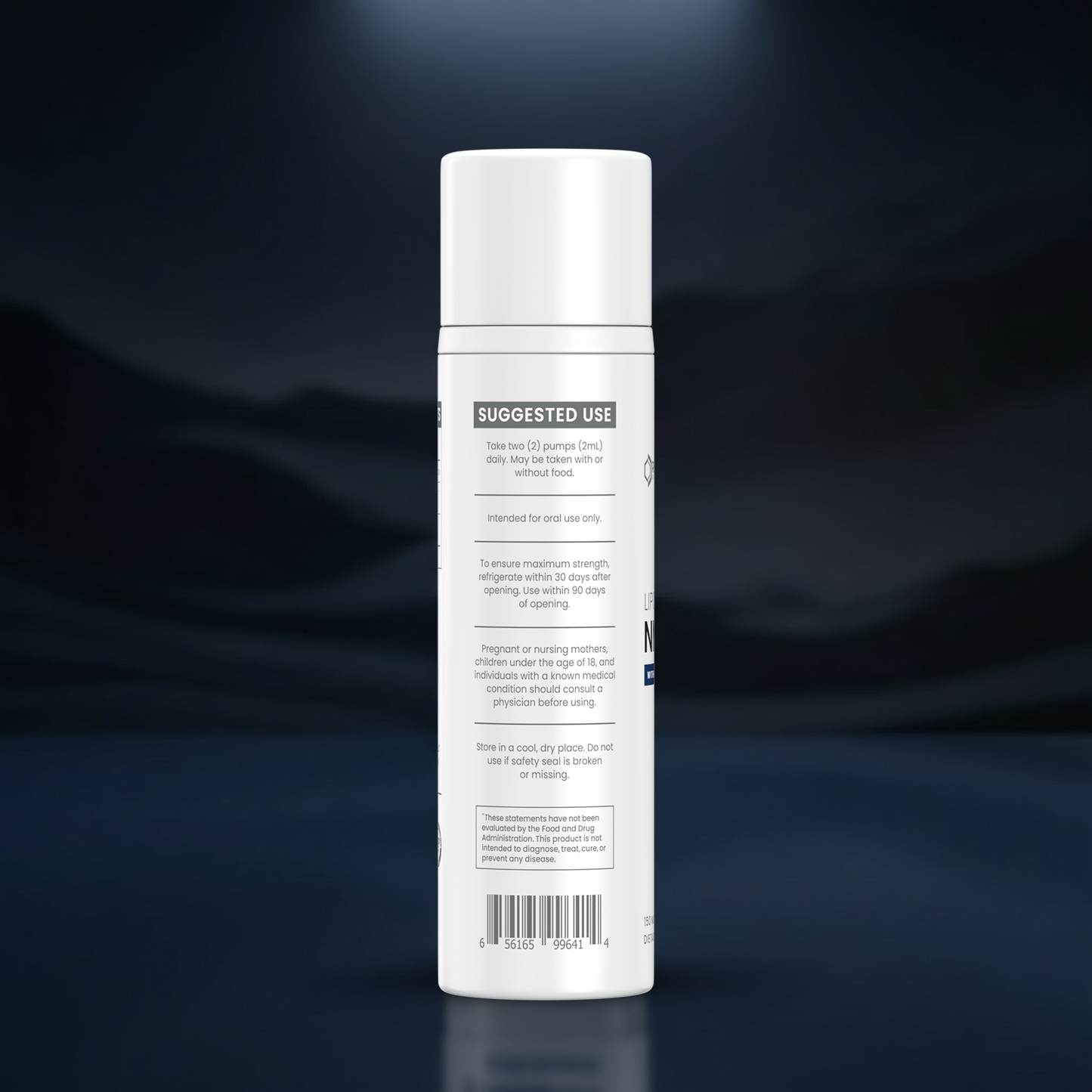A white cylindrical bottle of hair product shown from the back, featuring a white cap and a white label with black text, set against a dark blue gradient background.