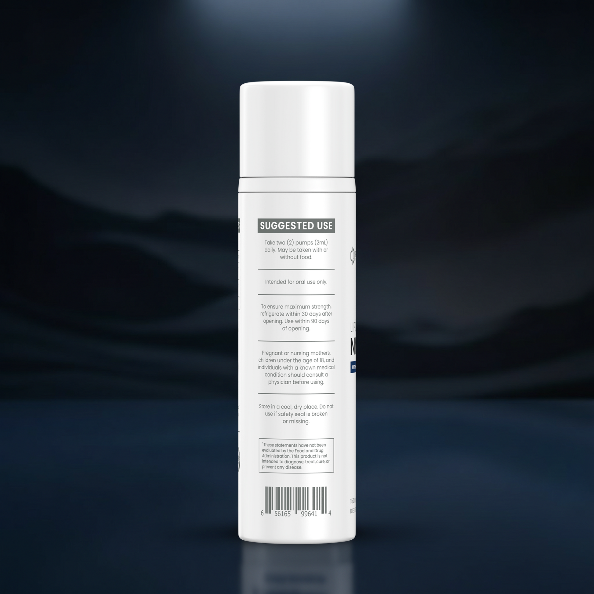 A white cylindrical bottle of hair product shown from the back, featuring a white cap and a white label with black text, set against a dark blue gradient background.