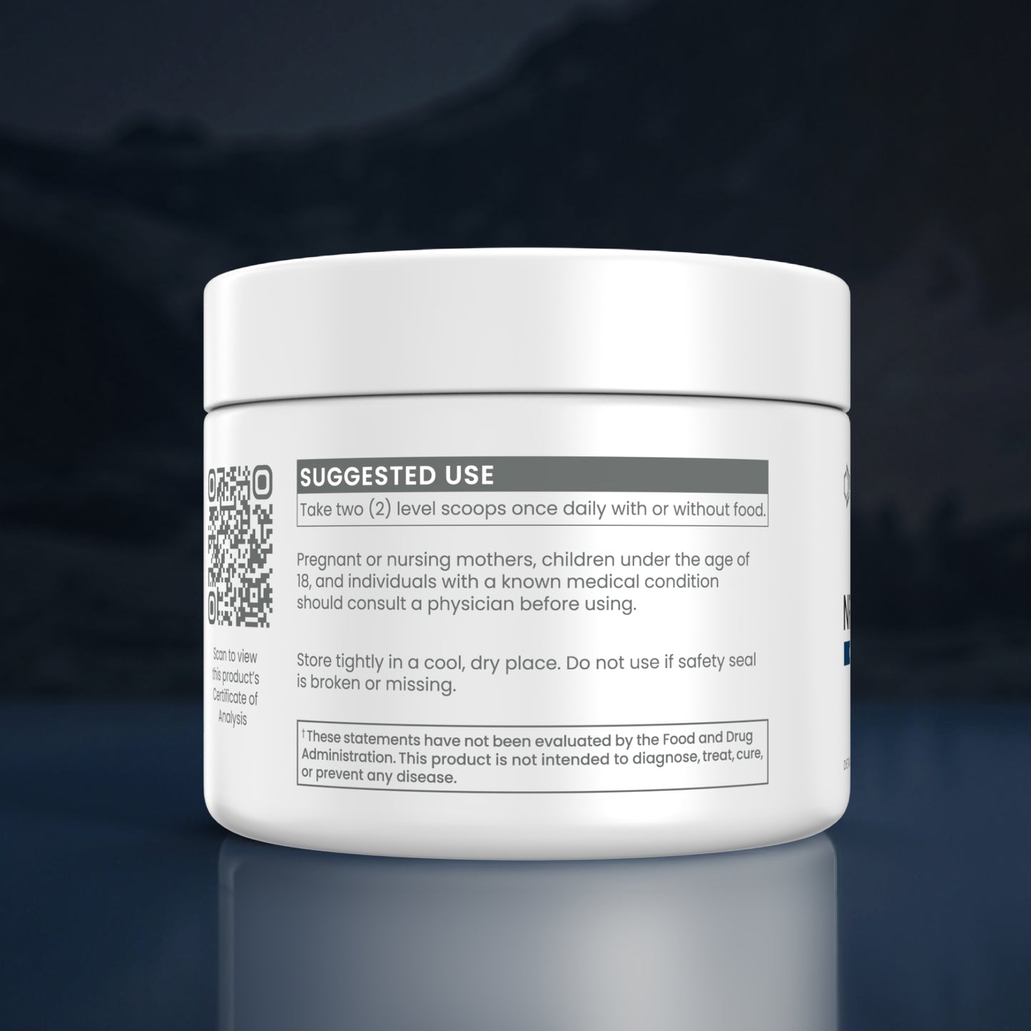A white plastic jar of dietary supplements with a white lid, featuring a black and gray label with 'SUGGESTED USE' and a QR code, set against a dark blue background with a soft reflection.