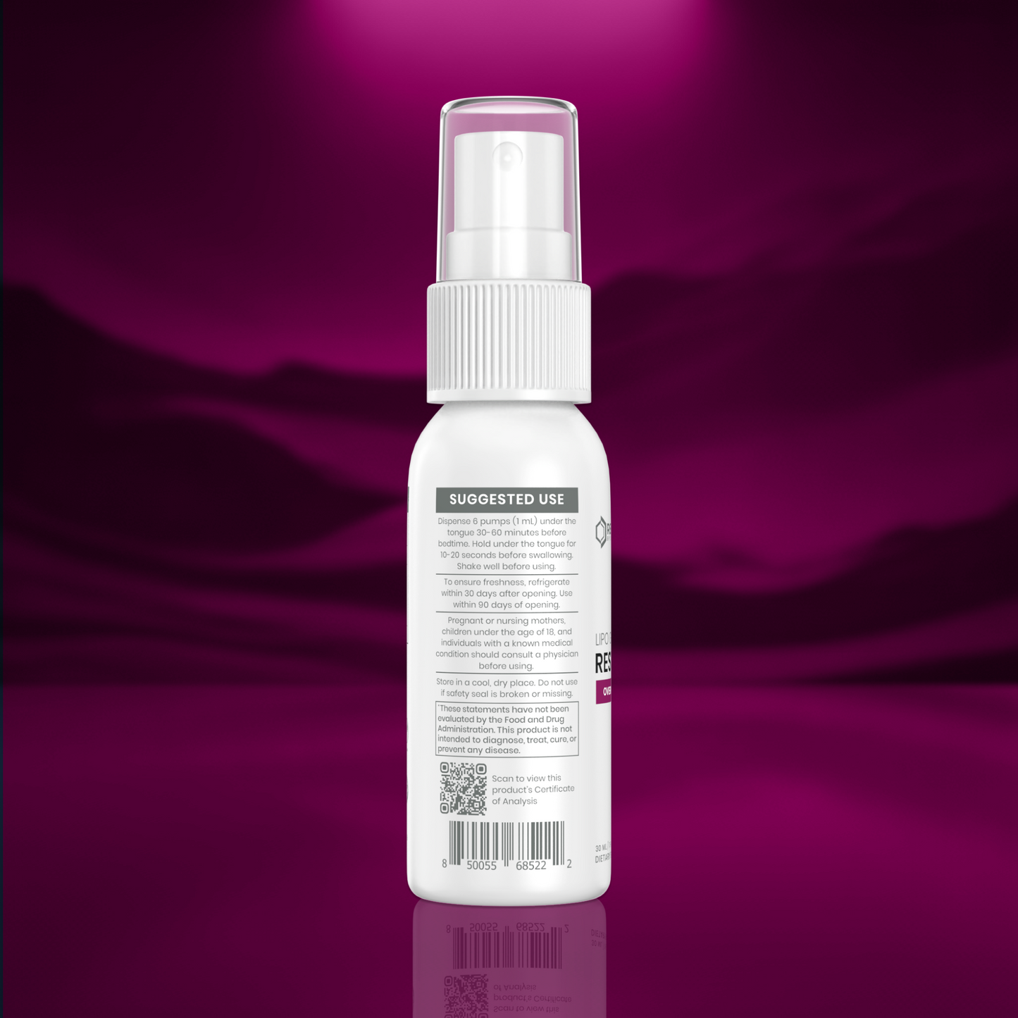 A white spray bottle shown from the back, featuring a clear spray cap and a white ribbed collar, set against a dark purple background with a soft reflection below.