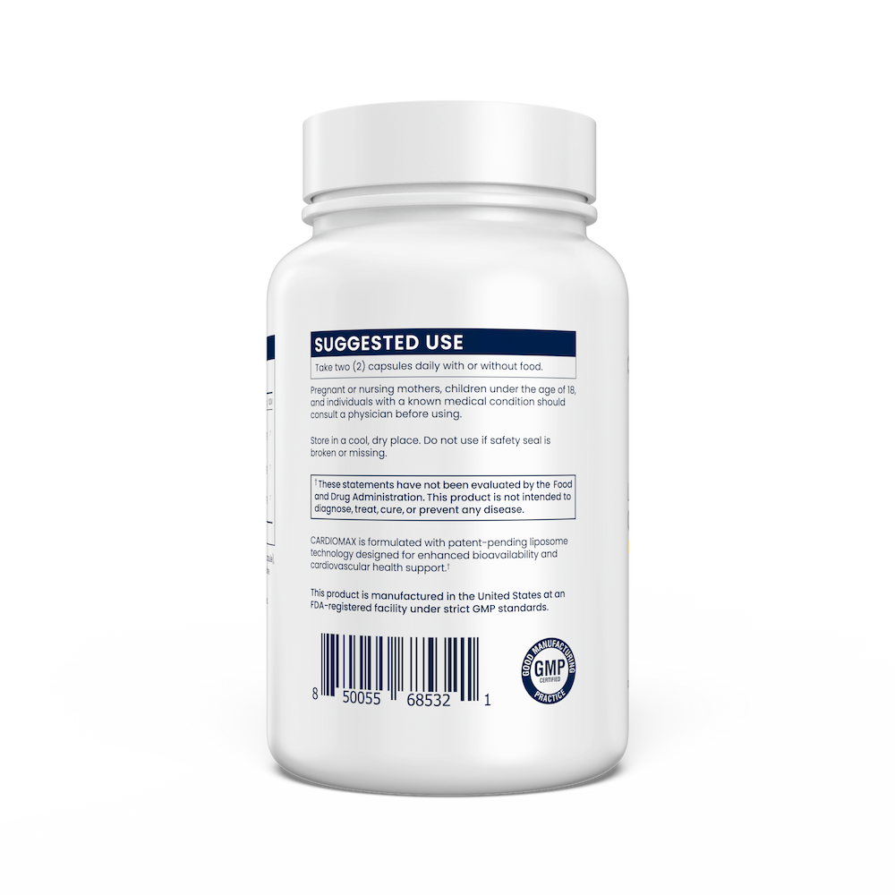 White supplement bottle with label on a white background