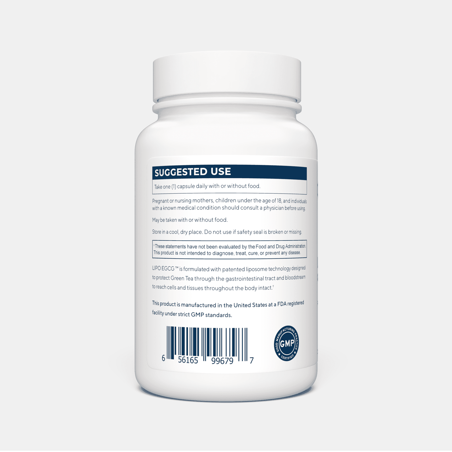 Suggested use and safety information for LIPO EGCG Green Tea capsules, including dosage and storage instructions for daily health support.