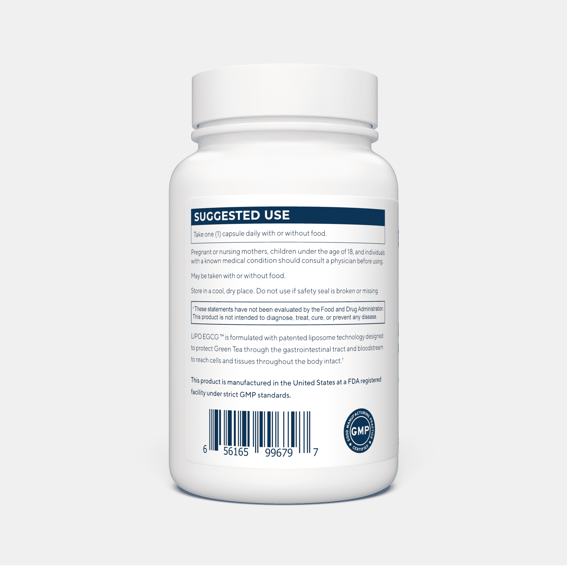 Suggested use and safety information for LIPO EGCG Green Tea capsules, including dosage and storage instructions for daily health support.