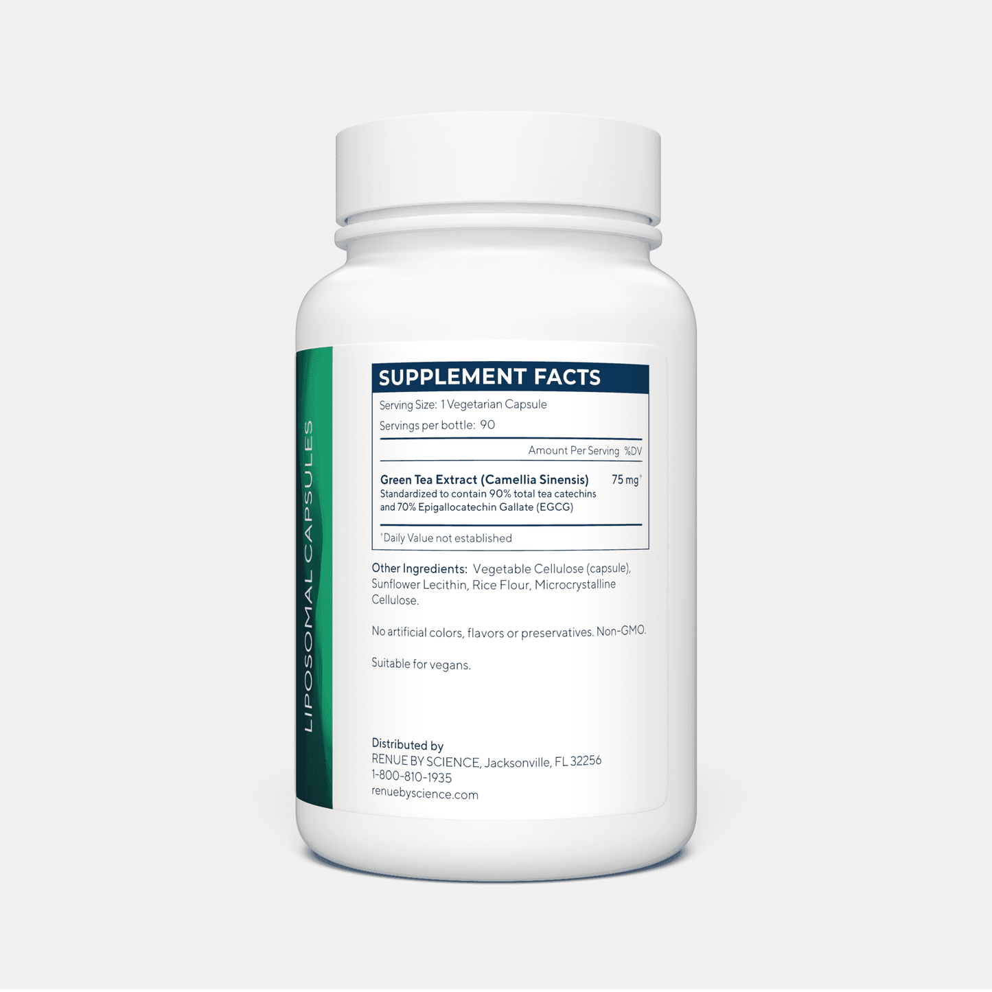 Supplement facts label of LIPO EGCG Green Tea showing 75 mg green tea extract per capsule with 50% EGCG, vegan and non-GMO formula.