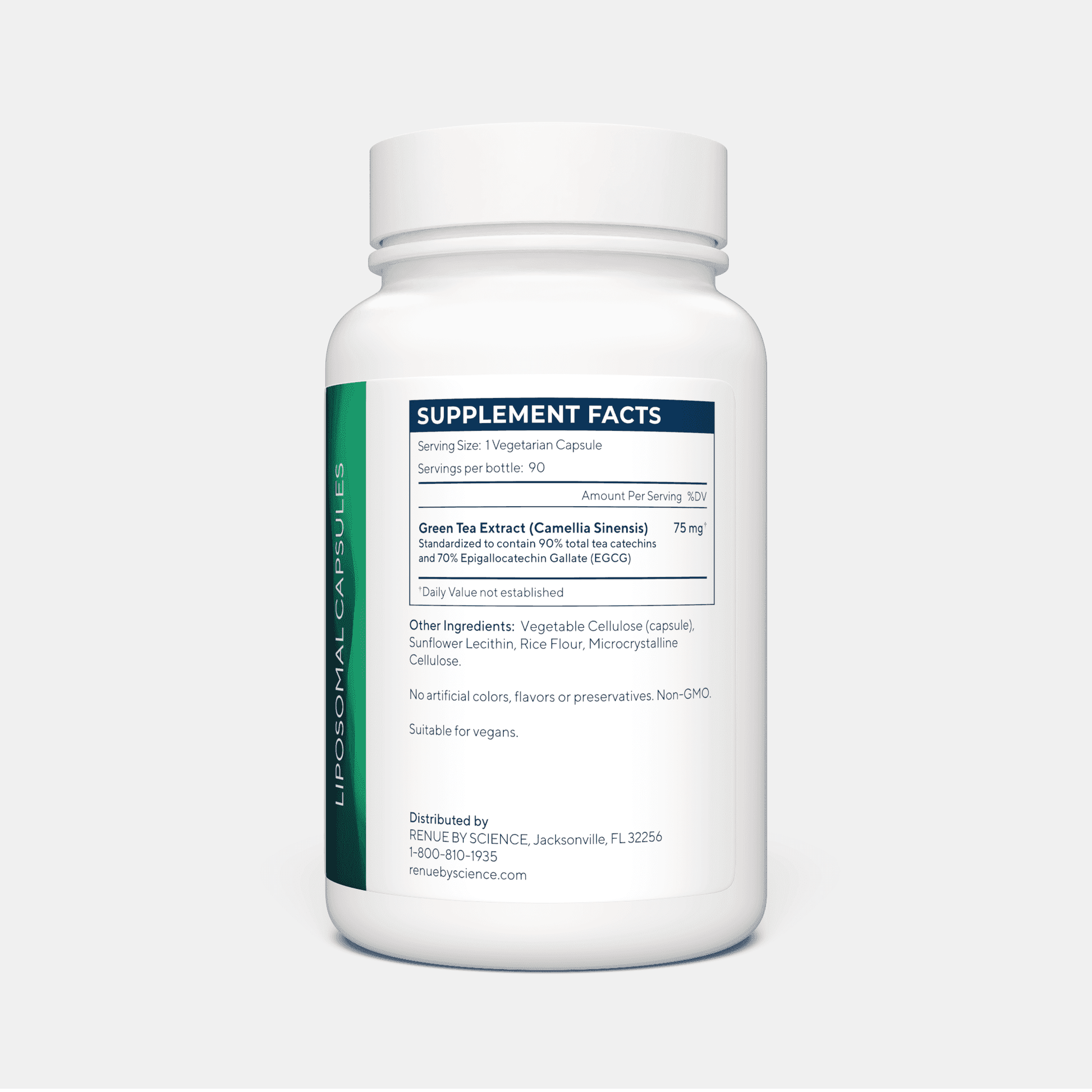 Supplement facts label of LIPO EGCG Green Tea showing 75 mg green tea extract per capsule with 50% EGCG, vegan and non-GMO formula.
