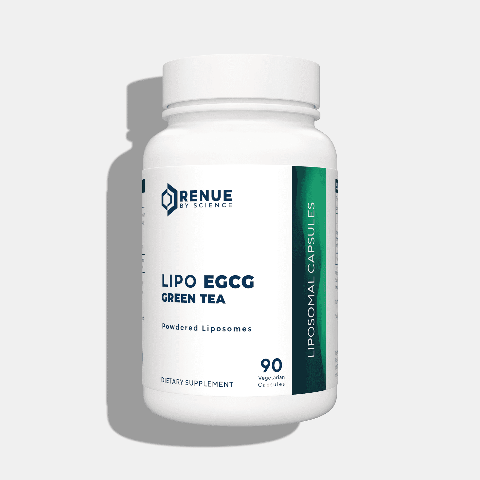 LIPO EGCG Green Tea 90 vegetarian capsules in a white bottle with green label, designed for fitness and nutrition supplementation.