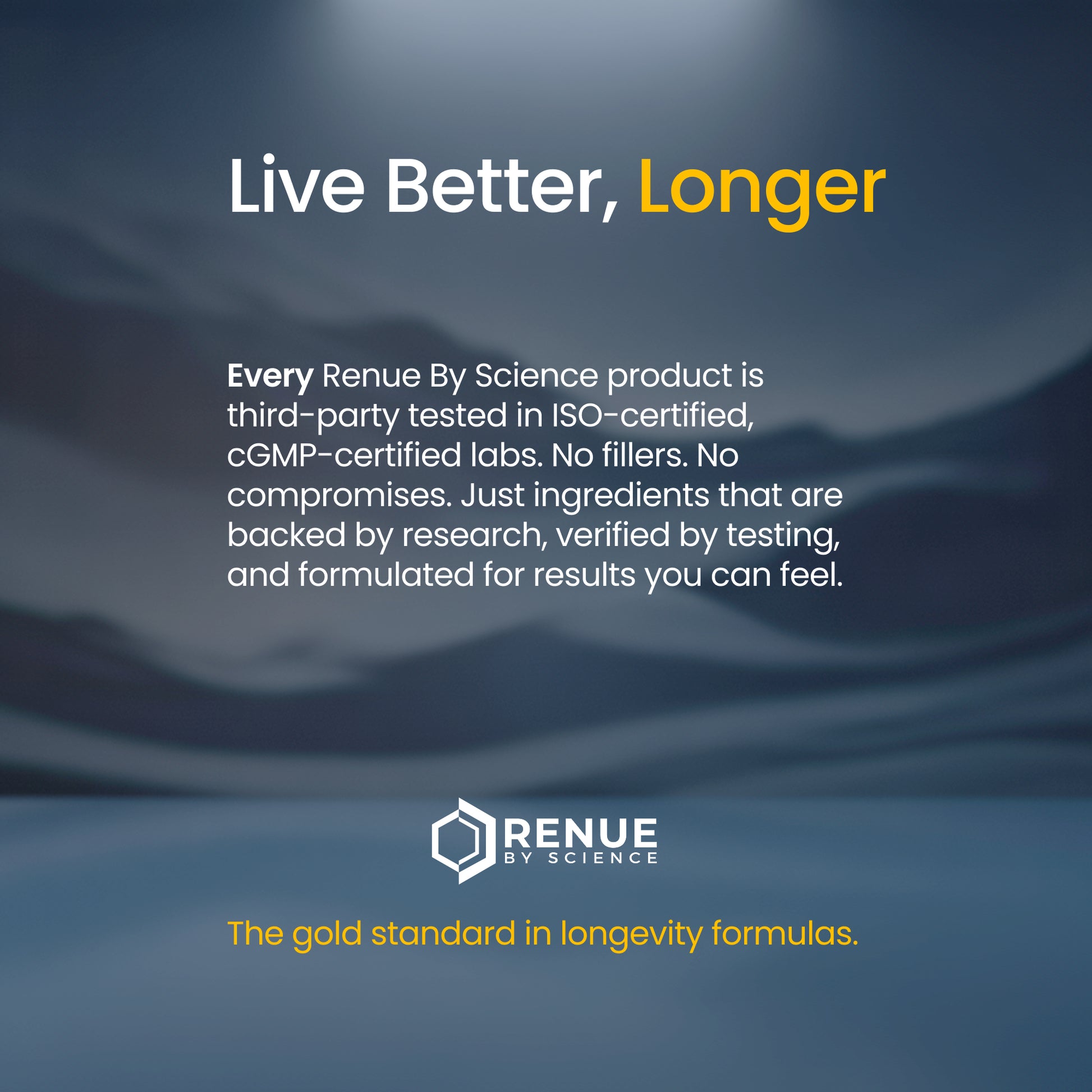 Advertisement for Renue by Science with text about product testing and quality on a dark background.