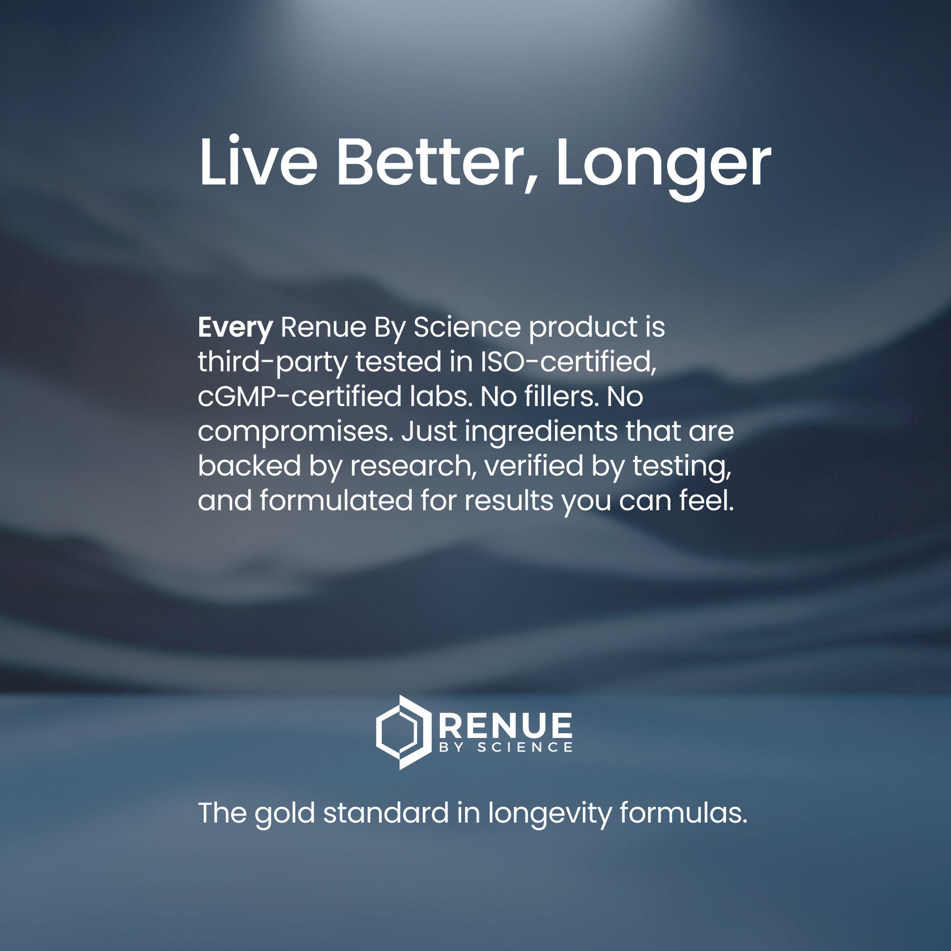 A promotional graphic with the headline 'Live Better, Longer' over a dark blue abstract background. Below is text stating that every Renue By Science product is third-party tested in ISO-certified, cGMP-certified labs, with the Renue By Science logo and the tagline 'The gold standard in longevity formulas.