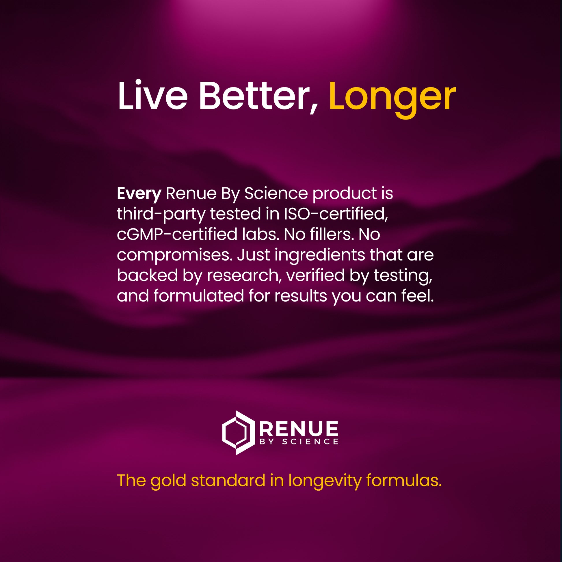 Promotional graphic for Renue by Science with text about product testing and quality on a purple background.