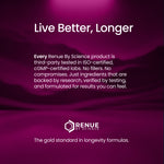 A promotional graphic with a deep magenta and purple gradient background. White and yellow text reads 'Live Better, Longer' at the top, followed by a paragraph about third-party testing and the RENUE BY SCIENCE logo near the bottom.