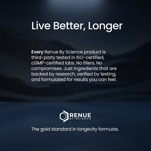 A dark promotional graphic with the headline 'Live Better, Longer' and several lines of white text about third-party testing and ingredients. The Renue By Science logo and tagline appear near the bottom on a dark blue gradient background.