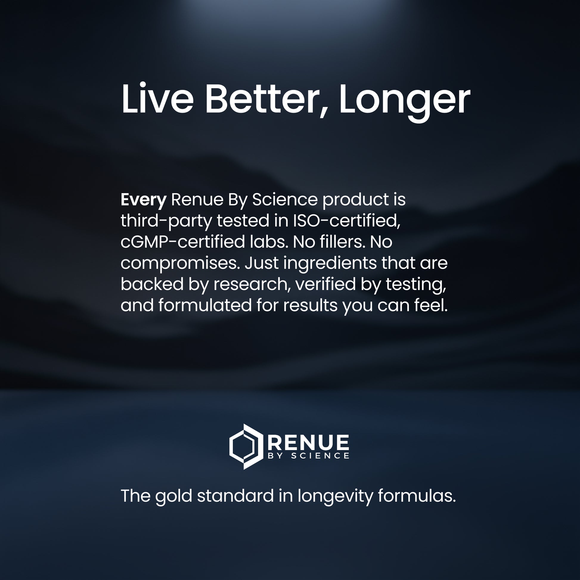 A dark promotional graphic with the headline 'Live Better, Longer' and several lines of white text about third-party testing and ingredients. The Renue By Science logo and tagline appear near the bottom on a dark blue gradient background.