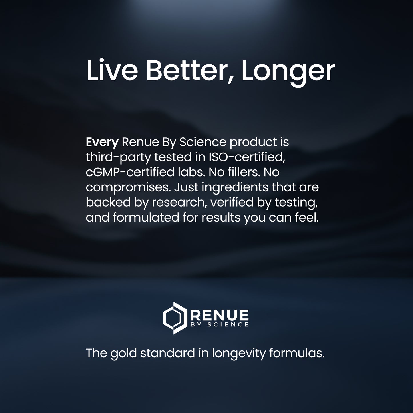 A dark promotional graphic with the headline 'Live Better, Longer' and several lines of white text about third-party testing and ingredients. The Renue By Science logo and tagline appear near the bottom on a dark blue gradient background.