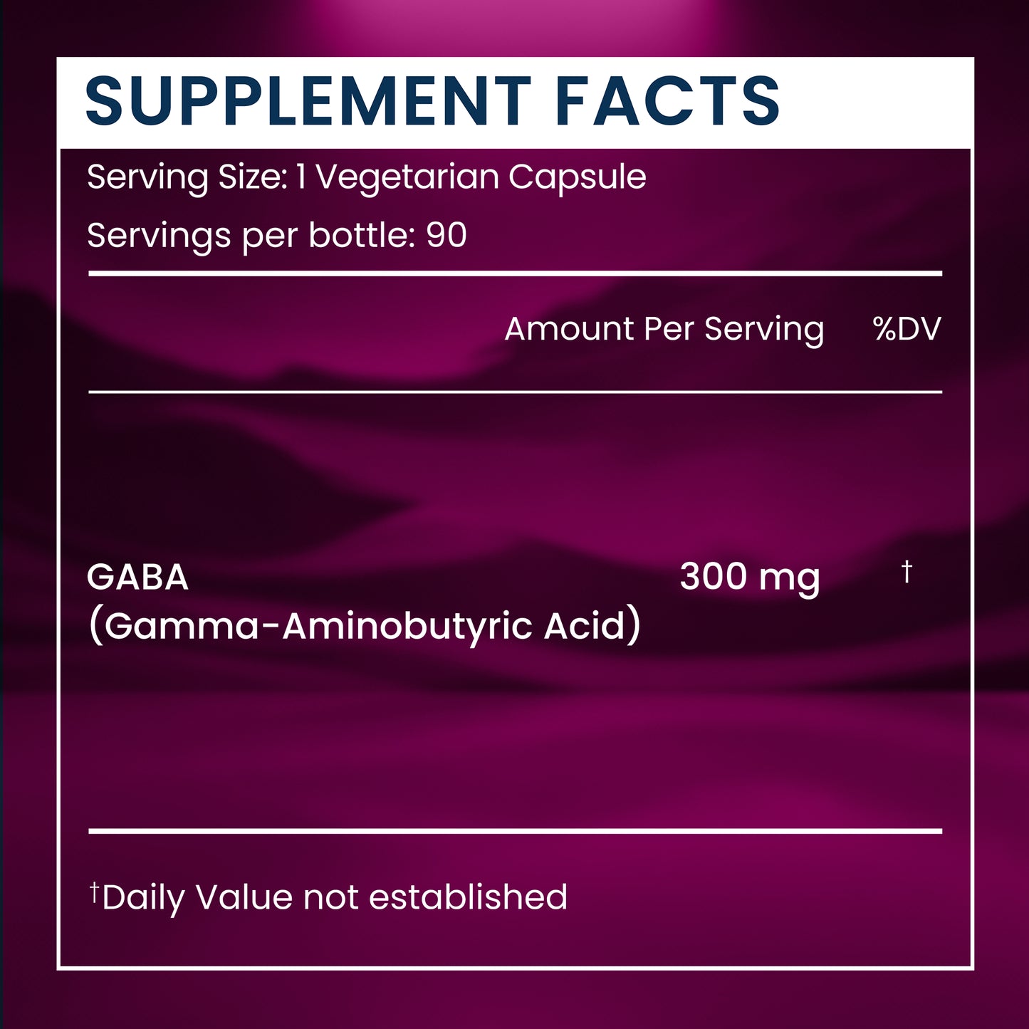 A supplement facts label with a dark purple and magenta gradient background. The label reads 'SUPPLEMENT FACTS' at the top and lists serving size as 1 vegetarian capsule, 90 servings per bottle, with GABA 300 mg highlighted.