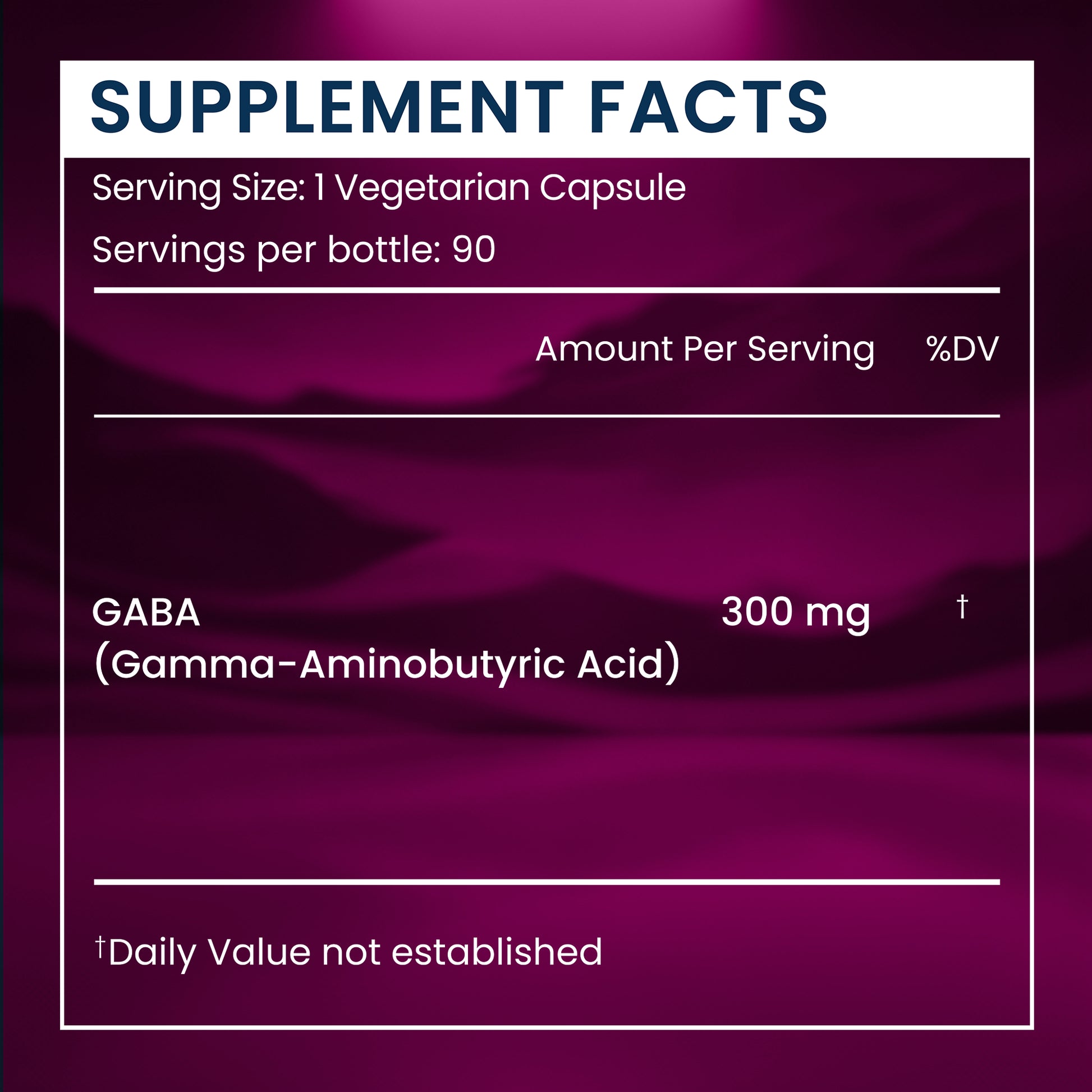 A supplement facts label with a dark purple and magenta gradient background. The label reads 'SUPPLEMENT FACTS' at the top and lists serving size as 1 vegetarian capsule, 90 servings per bottle, with GABA 300 mg highlighted.