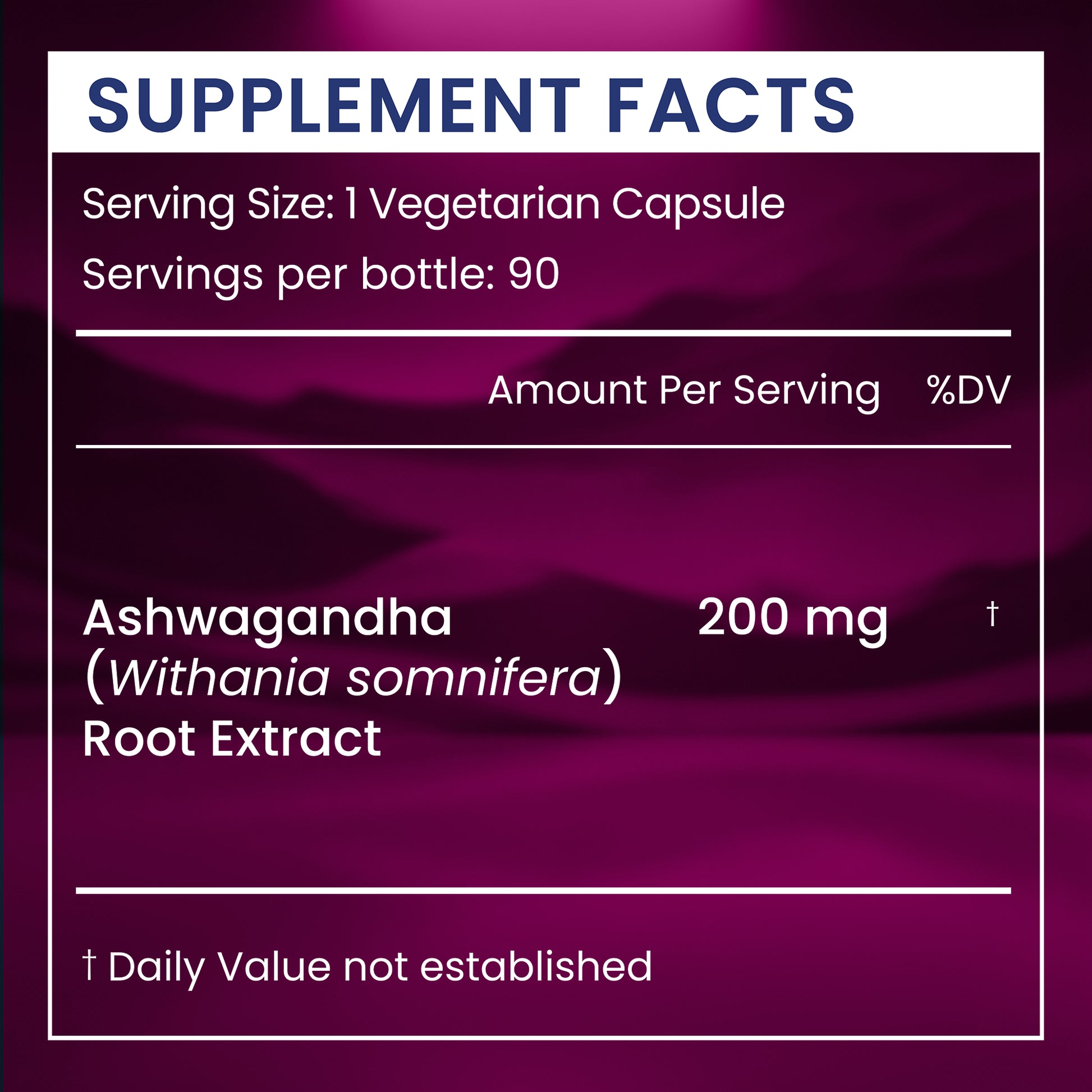 Supplement facts label for Ashwagandha on a purple background