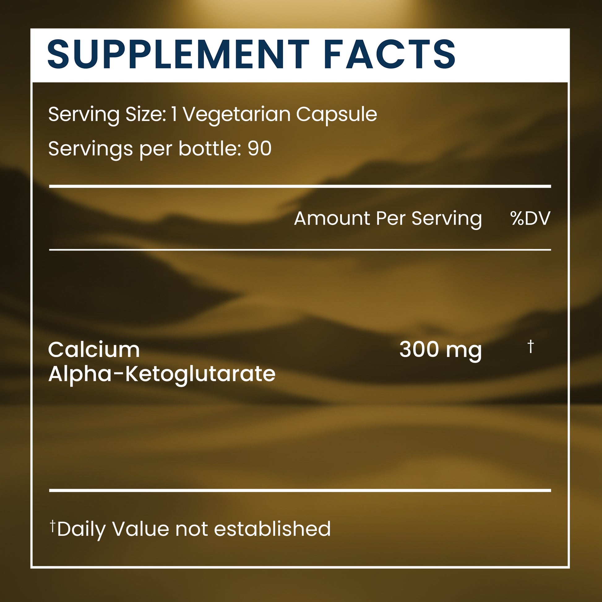 Supplement facts label for a vegetarian capsule with calcium and alpha-ketoglutarate on a dark background.