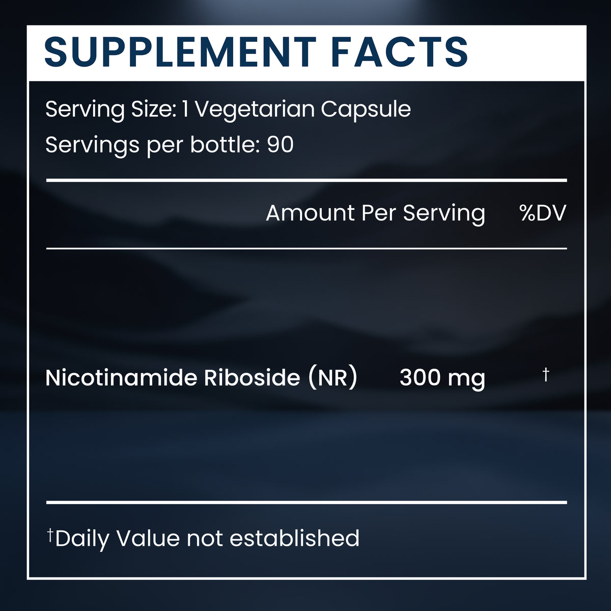 A supplement facts label-style graphic with a dark blue background and white border. The text reads 'SUPPLEMENT FACTS,' 'Serving Size: 1 Vegetarian Capsule,' 'Servings per bottle: 90,' 'Amount Per Serving %DV,' 'Nicotinamide Riboside (NR) 300 mg,' and a footnote about daily value not being established.