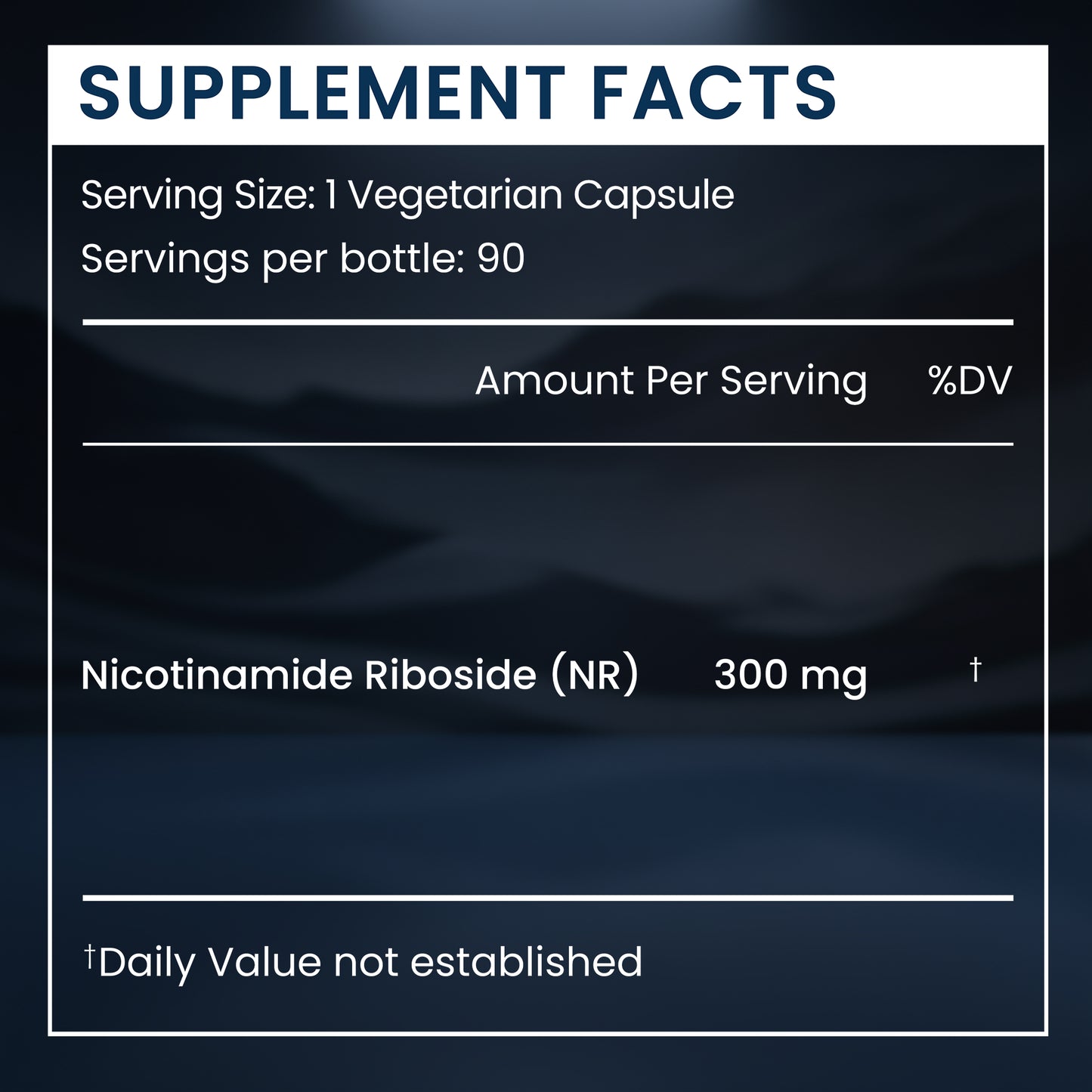 A supplement facts label-style graphic with a dark blue background and white border. The text reads 'SUPPLEMENT FACTS,' 'Serving Size: 1 Vegetarian Capsule,' 'Servings per bottle: 90,' 'Amount Per Serving %DV,' 'Nicotinamide Riboside (NR) 300 mg,' and a footnote about daily value not being established.