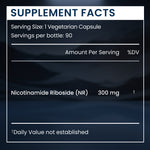 A supplement facts label-style graphic with a dark blue background and white border. The text reads 'SUPPLEMENT FACTS,' 'Serving Size: 1 Vegetarian Capsule,' 'Servings per bottle: 90,' 'Amount Per Serving %DV,' 'Nicotinamide Riboside (NR) 300 mg,' and a footnote about daily value not being established.
