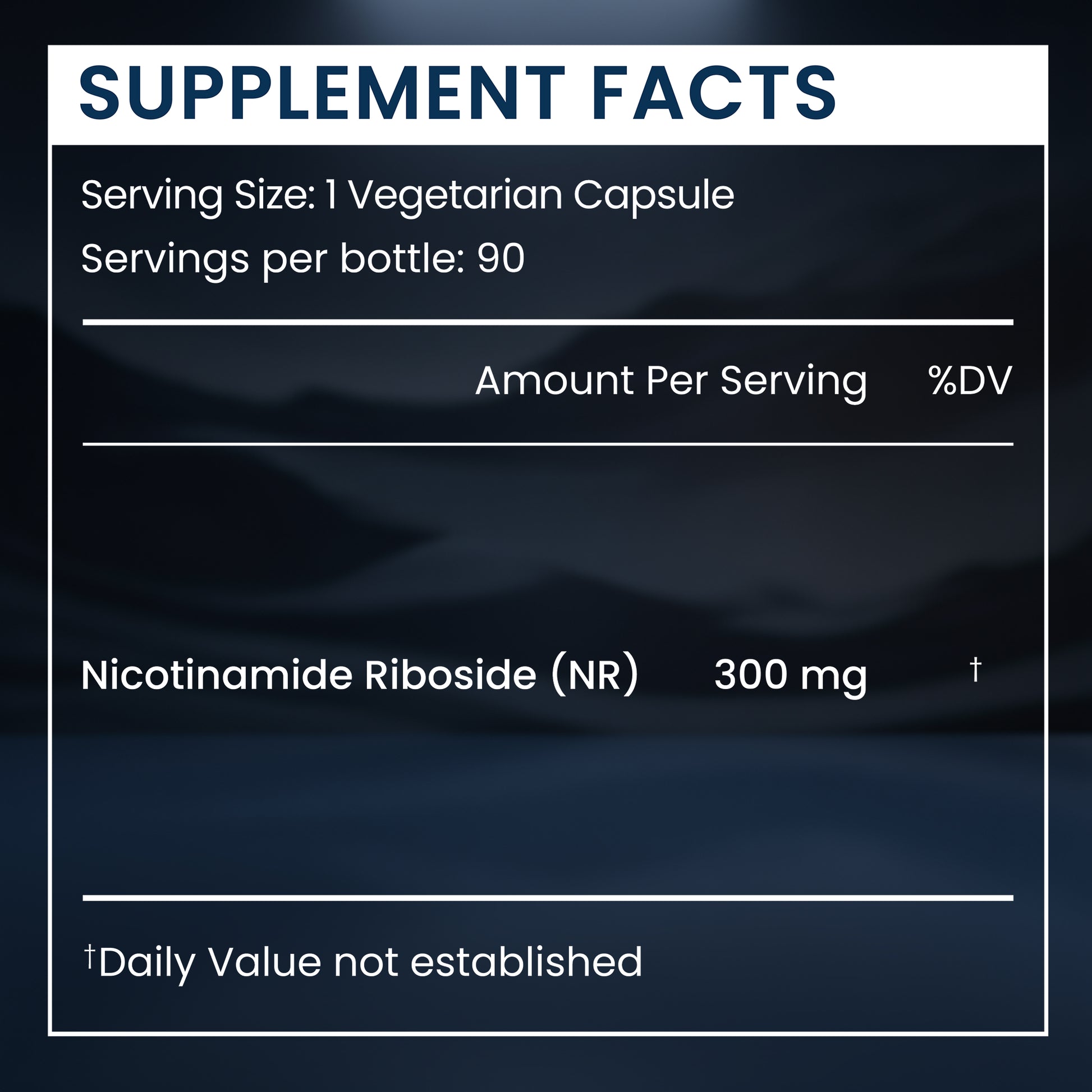 A supplement facts label-style graphic with a dark blue background and white border. The text reads 'SUPPLEMENT FACTS,' 'Serving Size: 1 Vegetarian Capsule,' 'Servings per bottle: 90,' 'Amount Per Serving %DV,' 'Nicotinamide Riboside (NR) 300 mg,' and a footnote about daily value not being established.