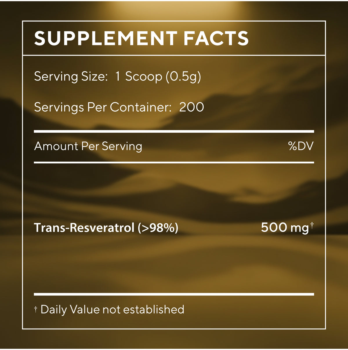 A supplement facts label with white text on a dark brown and gold background. The label reads 'SUPPLEMENT FACTS,' 'Serving Size: 1 Scoop (0.