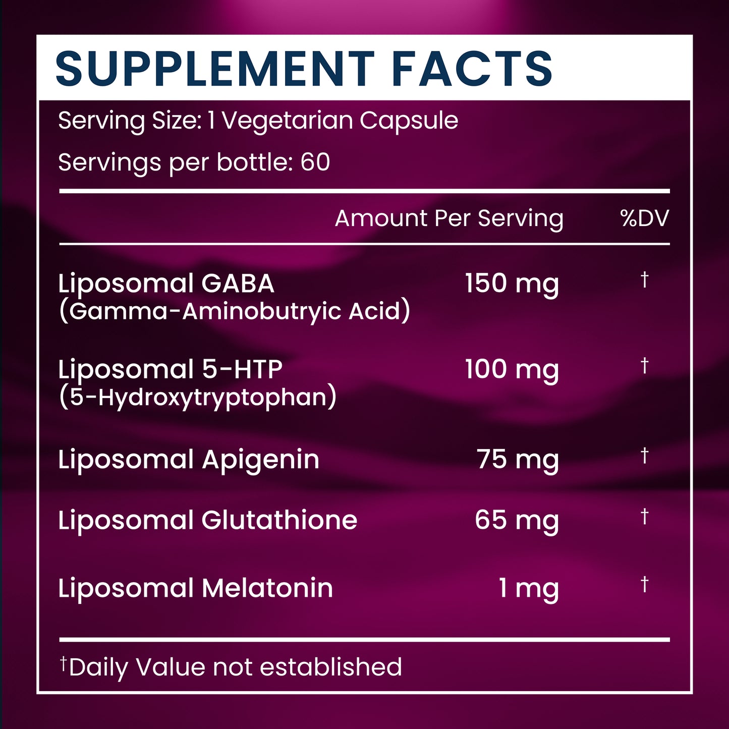 A supplement facts panel with a white table on a deep purple background. The text lists ingredients including Liposomal GABA 150 mg, Liposomal 5-HTP 100 mg, Liposomal Apigenin 75 mg, Liposomal Glutathione 65 mg, and Liposomal Melatonin 1 mg, with %DV columns and footnotes.