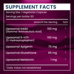 A supplement facts panel with a white table on a deep purple background. The text lists ingredients including Liposomal GABA 150 mg, Liposomal 5-HTP 100 mg, Liposomal Apigenin 75 mg, Liposomal Glutathione 65 mg, and Liposomal Melatonin 1 mg, with %DV columns and footnotes.