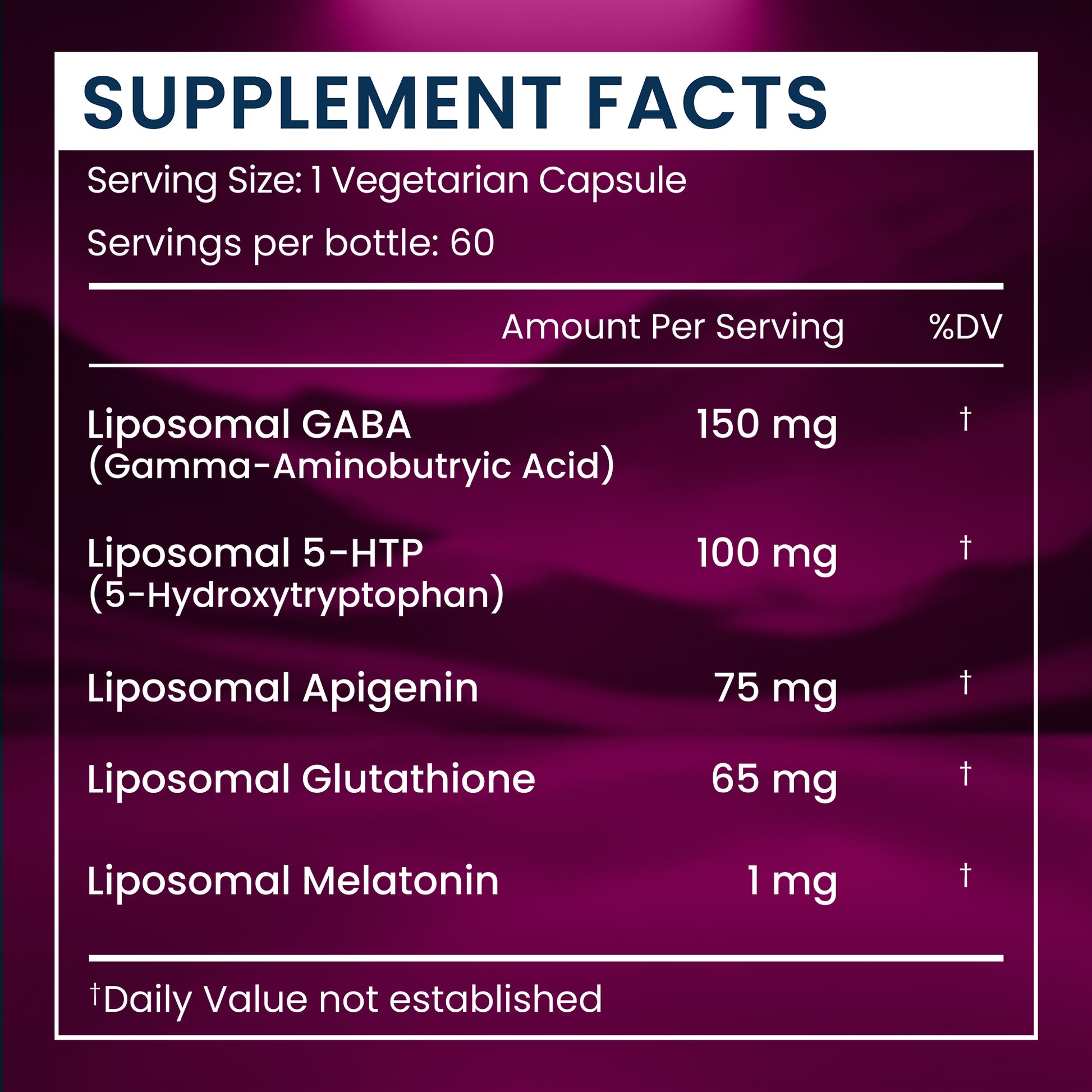 A supplement facts panel with a white table on a deep purple background. The text lists ingredients including Liposomal GABA 150 mg, Liposomal 5-HTP 100 mg, Liposomal Apigenin 75 mg, Liposomal Glutathione 65 mg, and Liposomal Melatonin 1 mg, with %DV columns and footnotes.