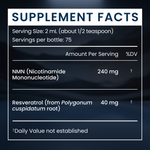A supplement facts panel with a dark blue background and white text, listing serving size 2 mL, 75 servings per bottle, NMN 240 mg, and Resveratrol 40 mg.