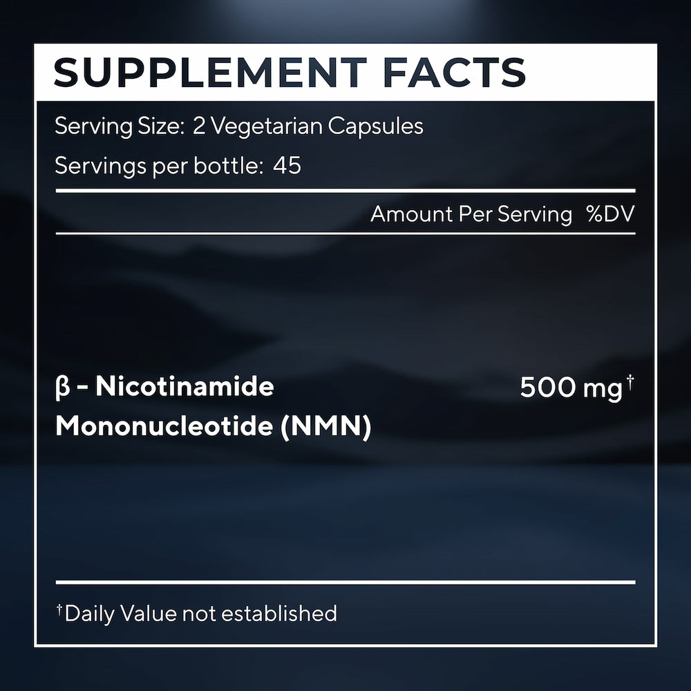 Supplement facts label for β-Nicotinamide Mononucleotide (NMN) on a dark background